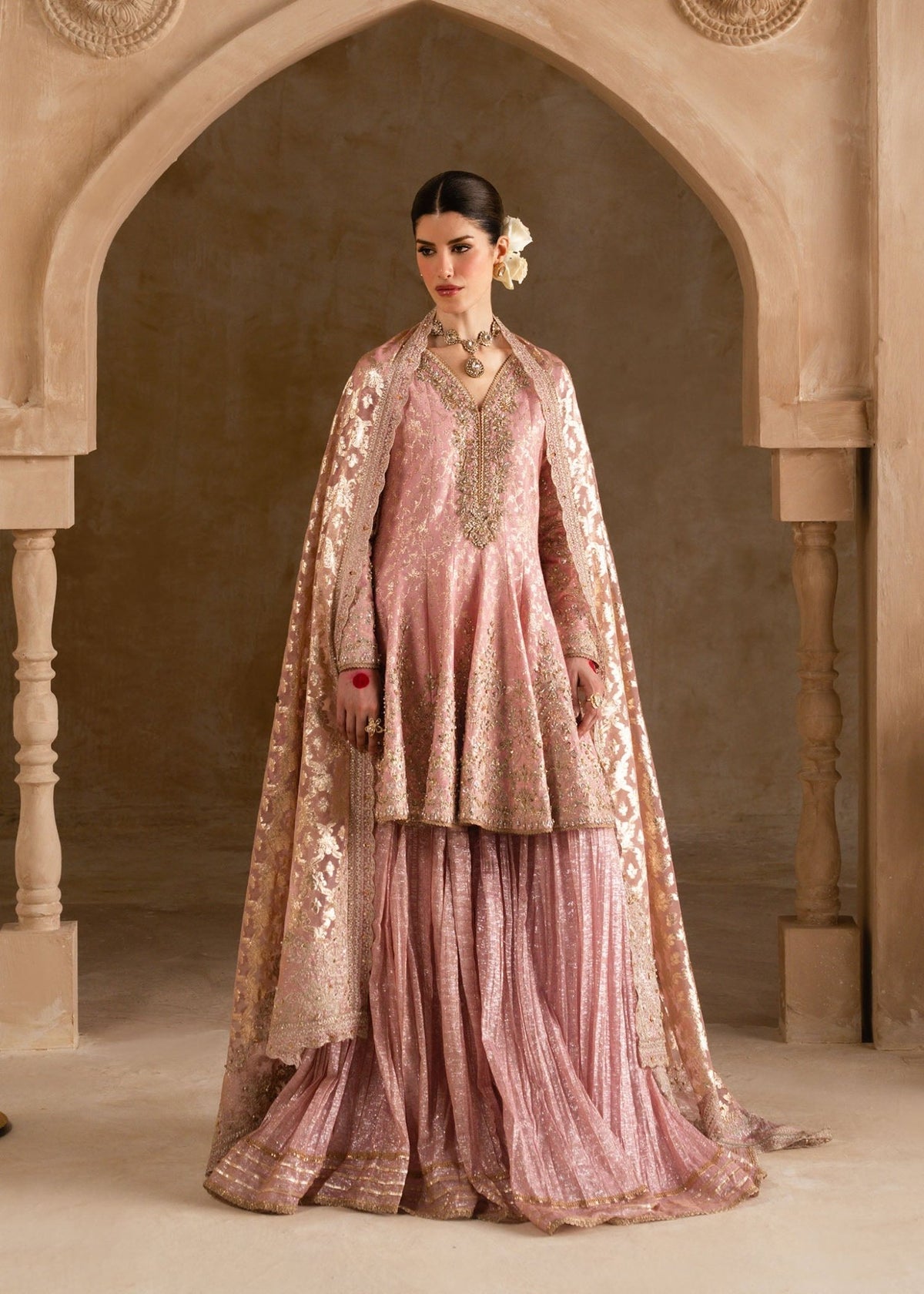Ramisa tea pink crushed flare pants detail - Kanwal Malik luxury pret