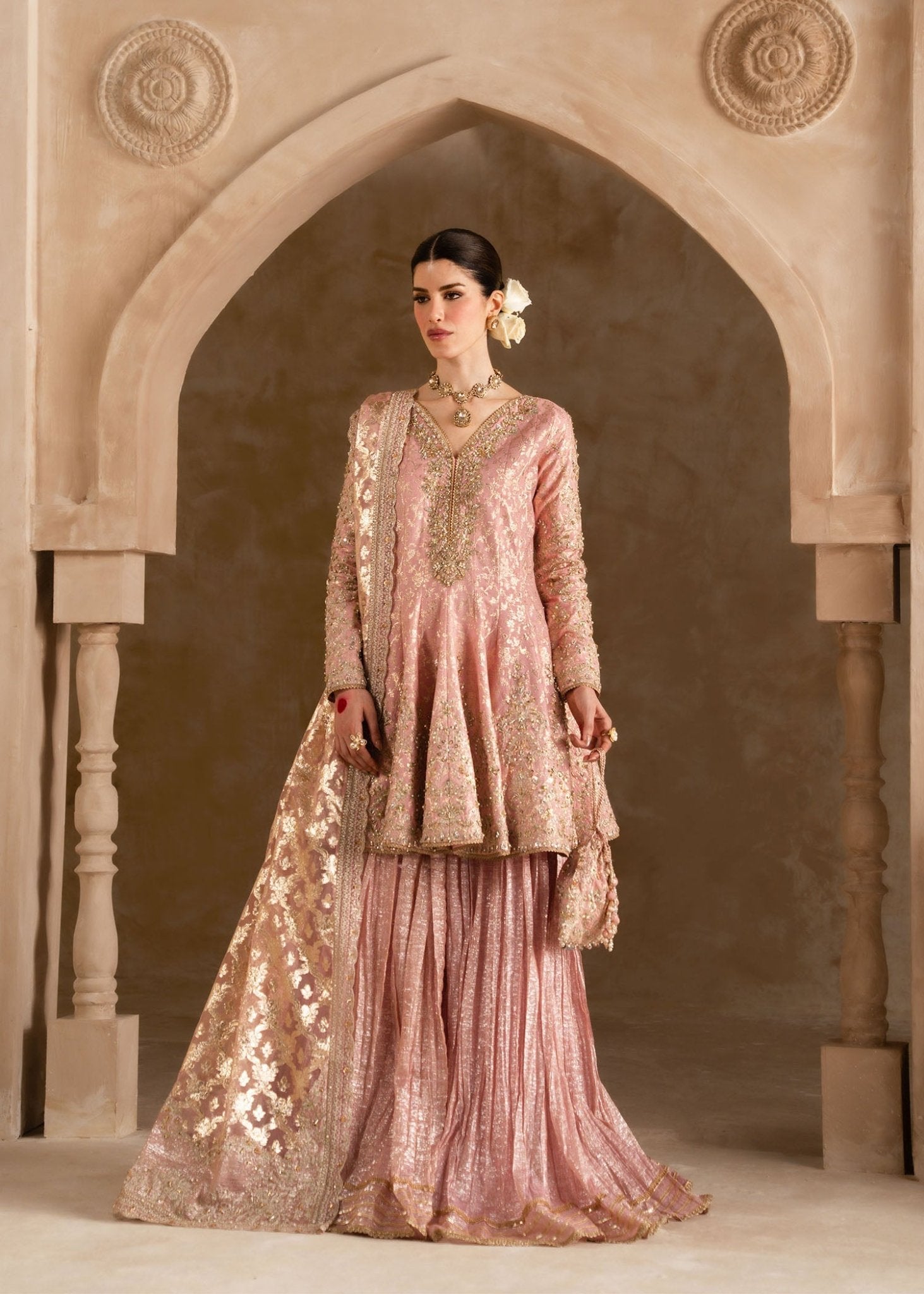 Ramisa tea pink peplum ensemble front view - Kanwal Malik Shehnai Luxury Pret'26