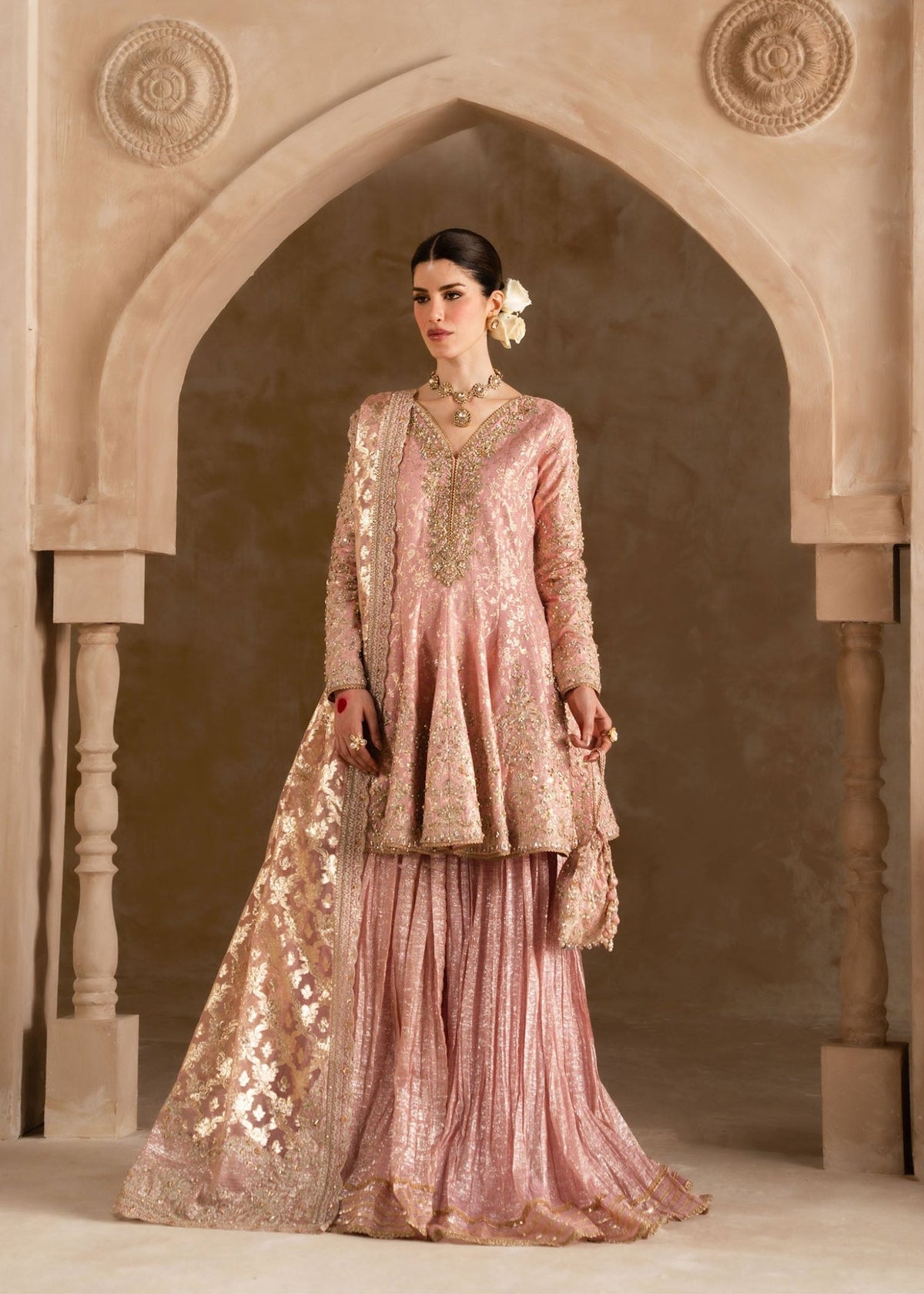 Ramisa tea pink peplum ensemble front view - Kanwal Malik Shehnai Luxury Pret'26