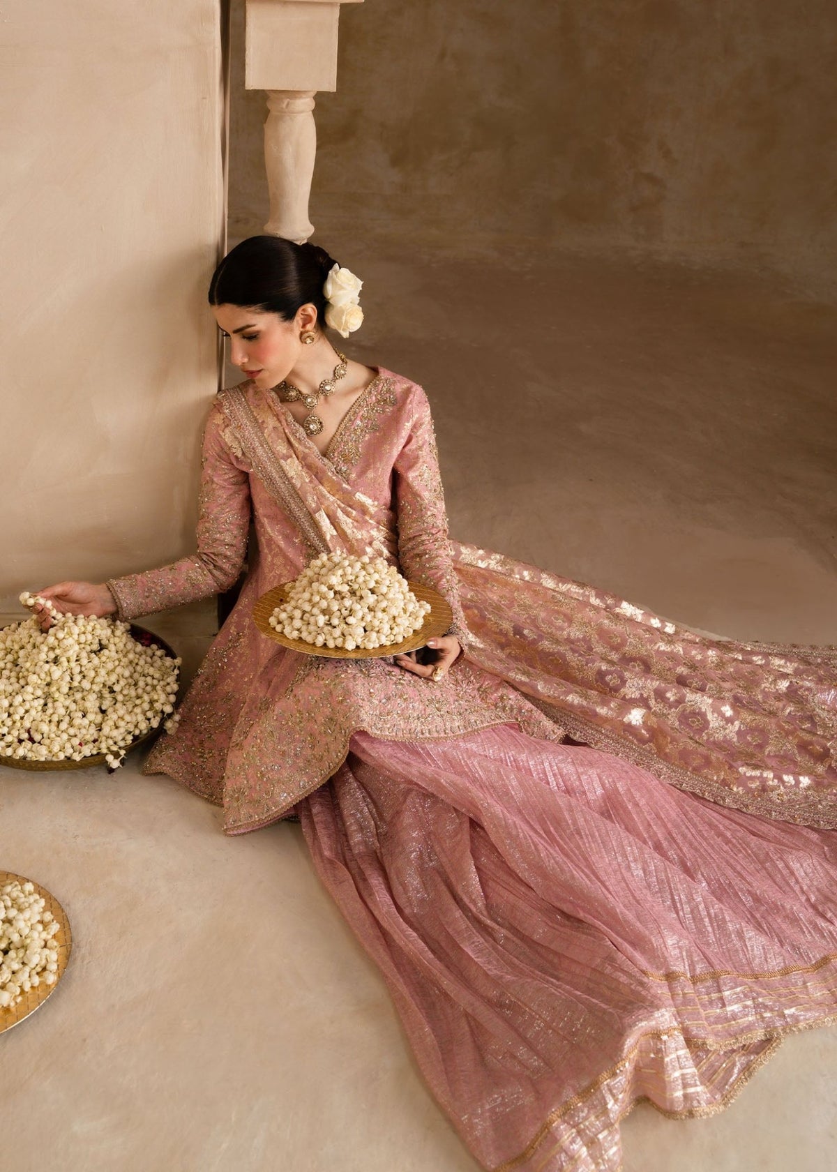Ramisa tea pink peplum full ensemble view - Kanwal Malik luxury pret
