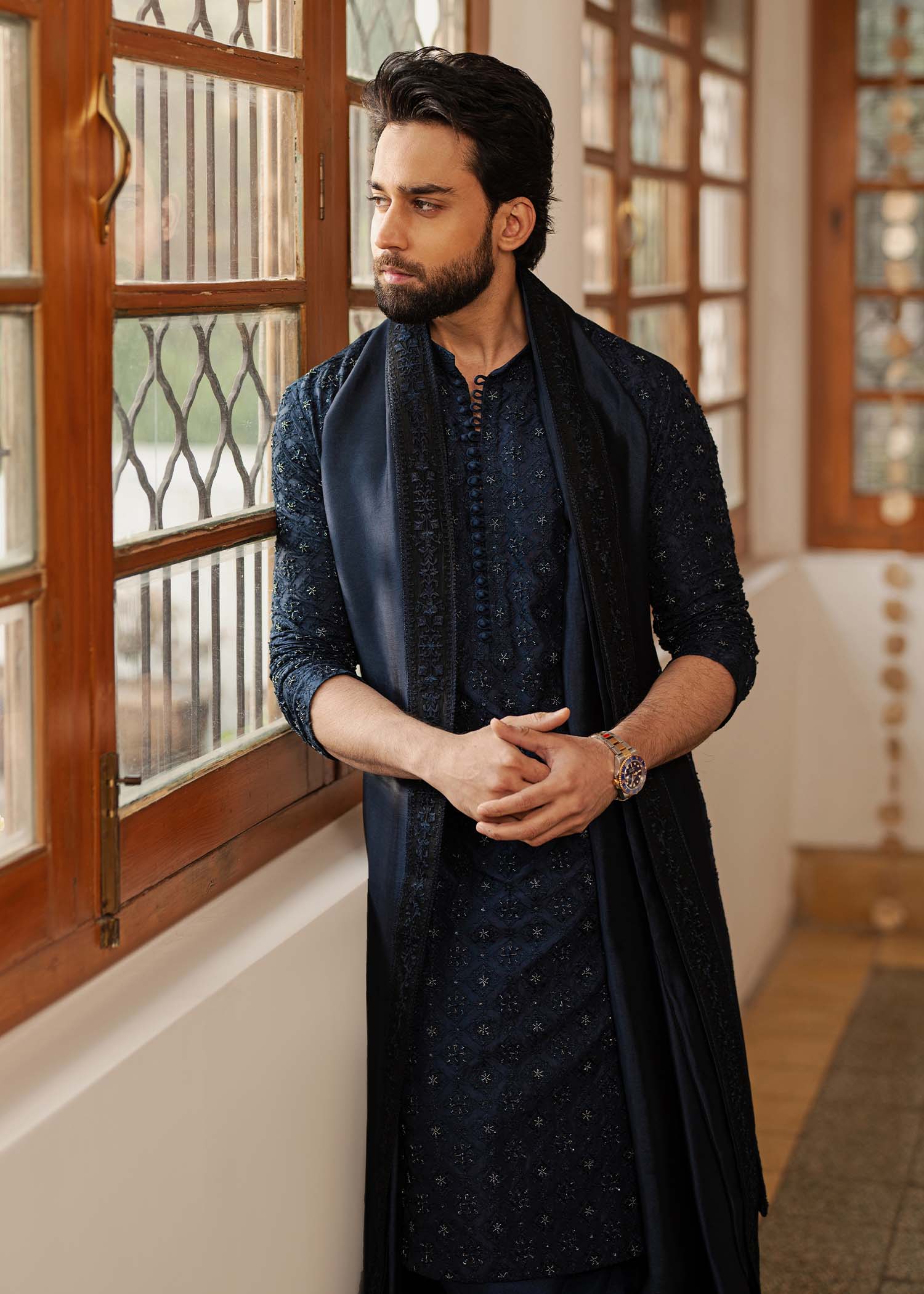 Ranjha navy blue embroidery detail - Kanwal Malik menswear