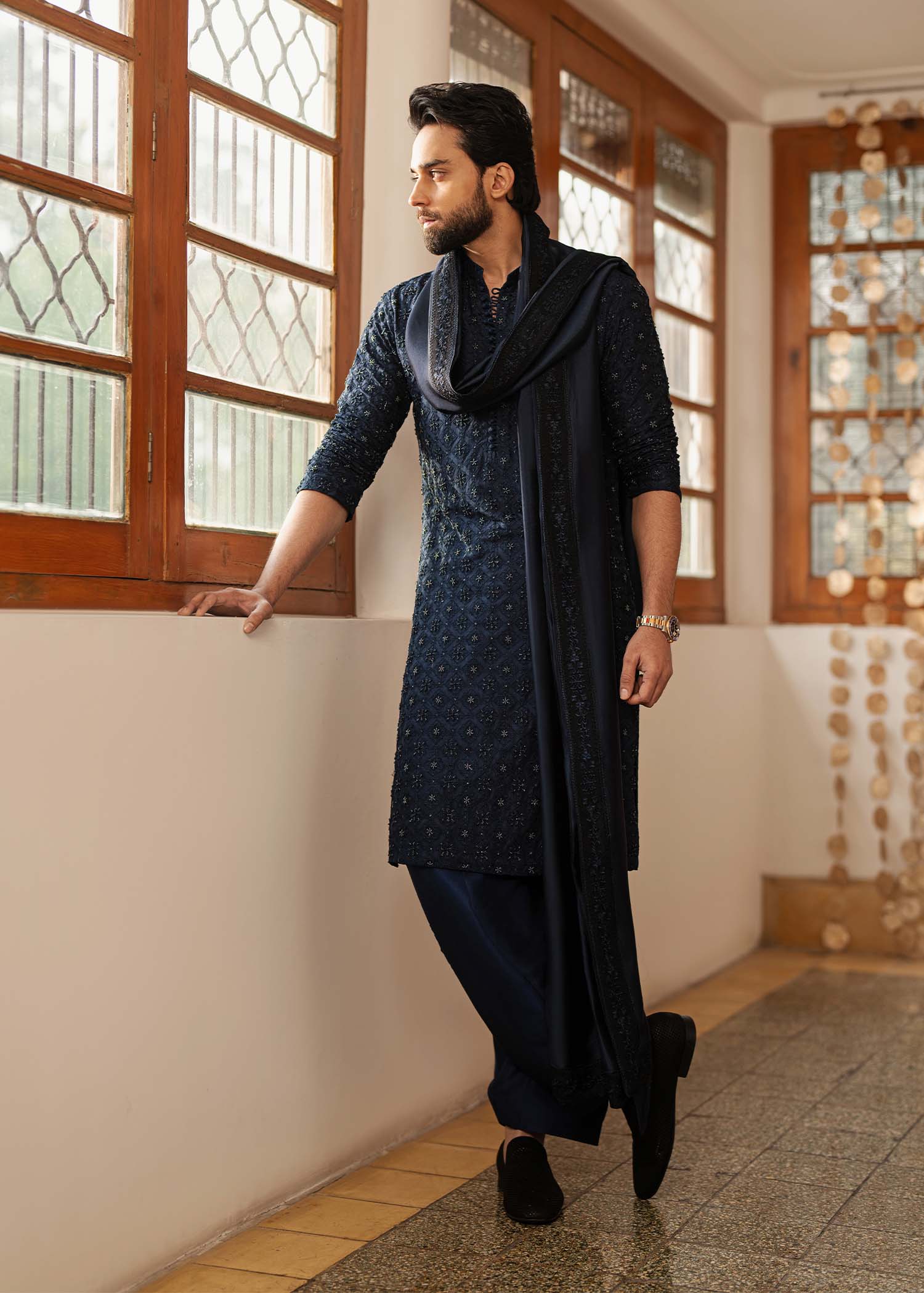 Ranjha navy blue kurta front view - Kanwal Malik menswear