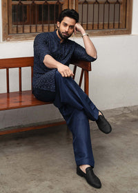 Ranjha navy blue full ensemble view - Kanwal Malik menswear