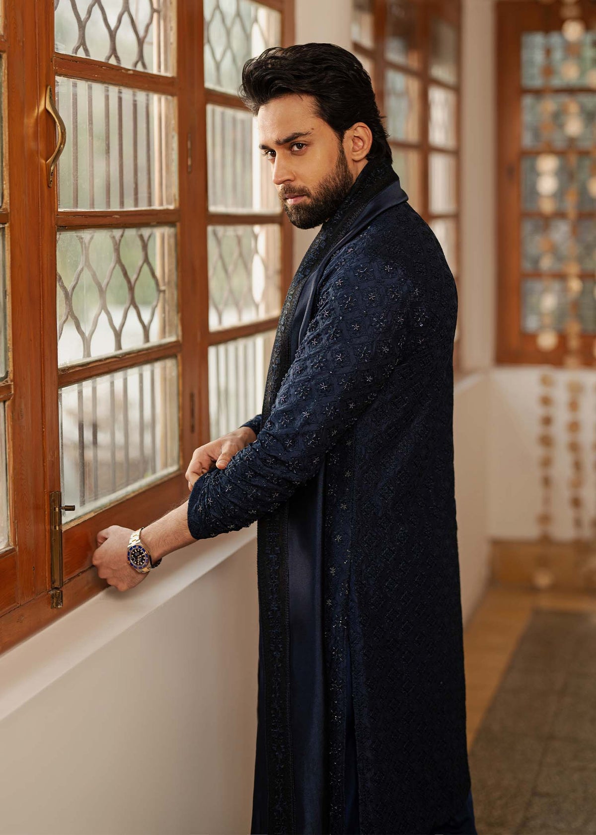 Ranjha navy blue shawl detail - Kanwal Malik menswear