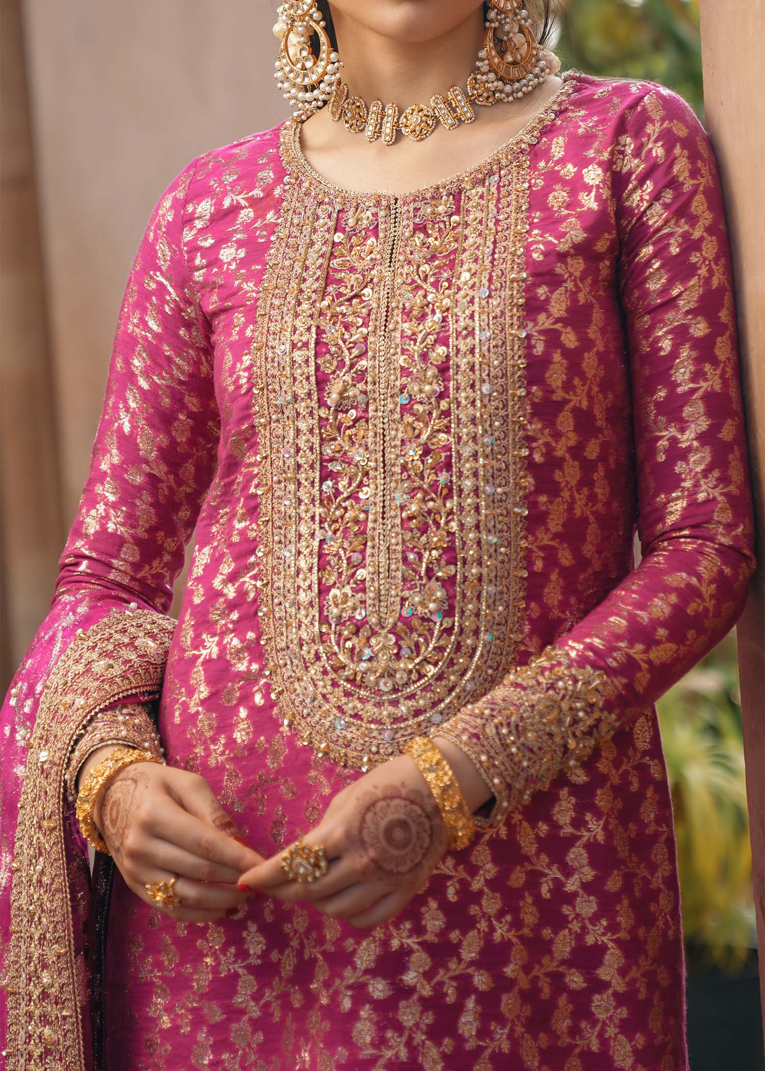 Rano shocking pink embroidered neckline detail - Kanwal Malik