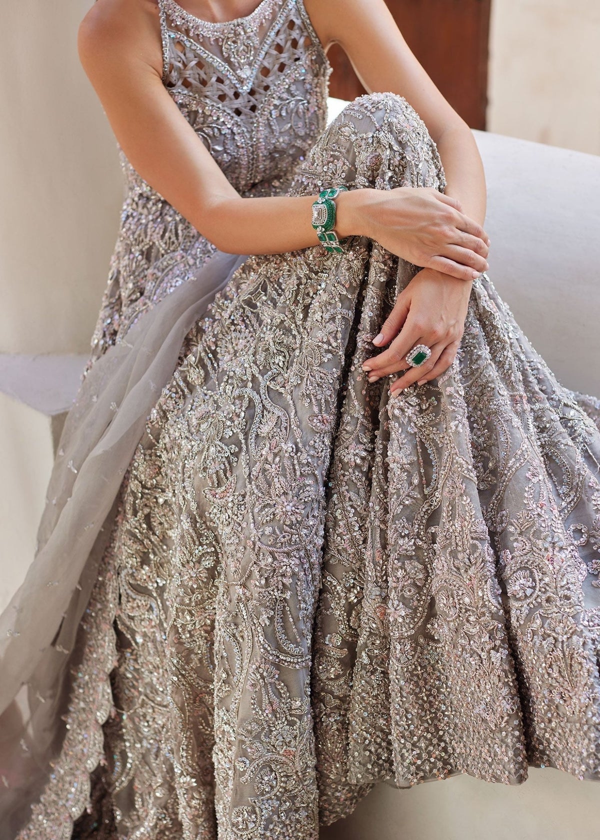 Ravina grey halter neck check stitching detail - Kanwal Malik bridal couture