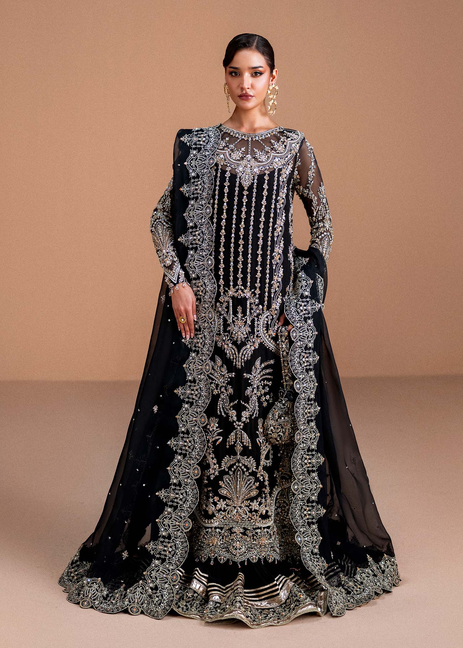Rayen black high-slit shirt front view - Kanwal Malik luxury pret