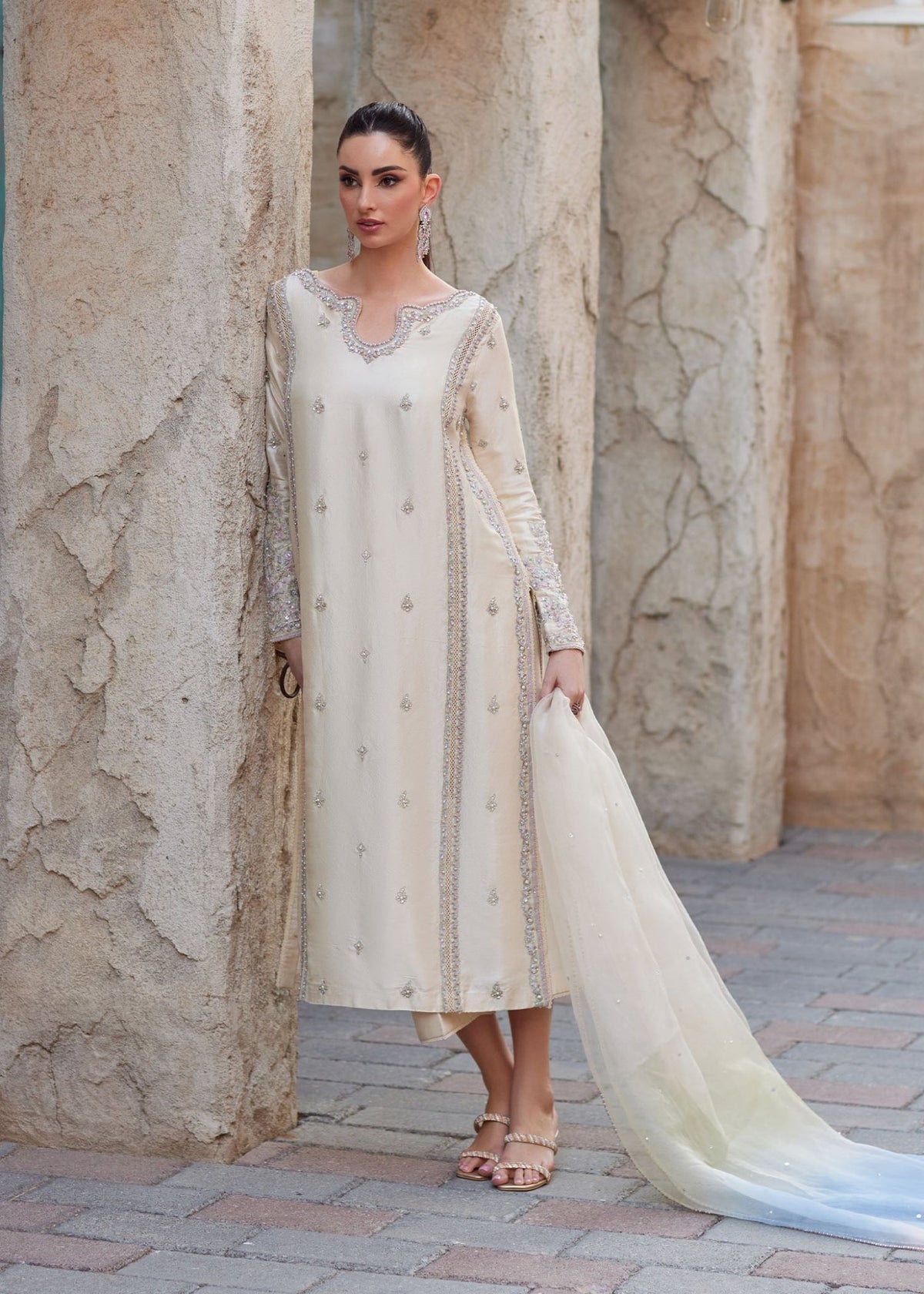 Reham ivory lace insertion panel detail - Kanwal Malik