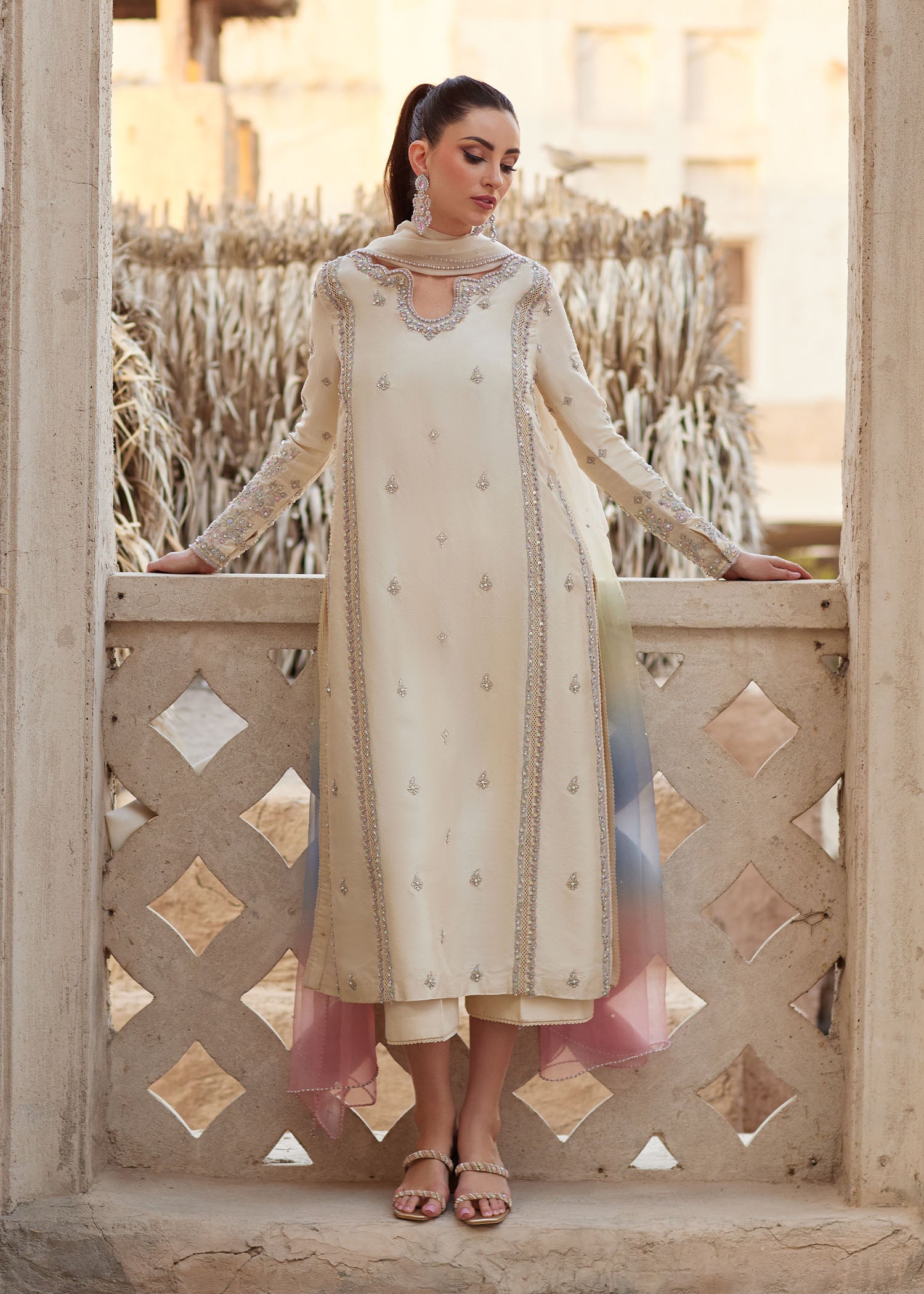 Reham ivory raw silk shirt front view - Kanwal Malik