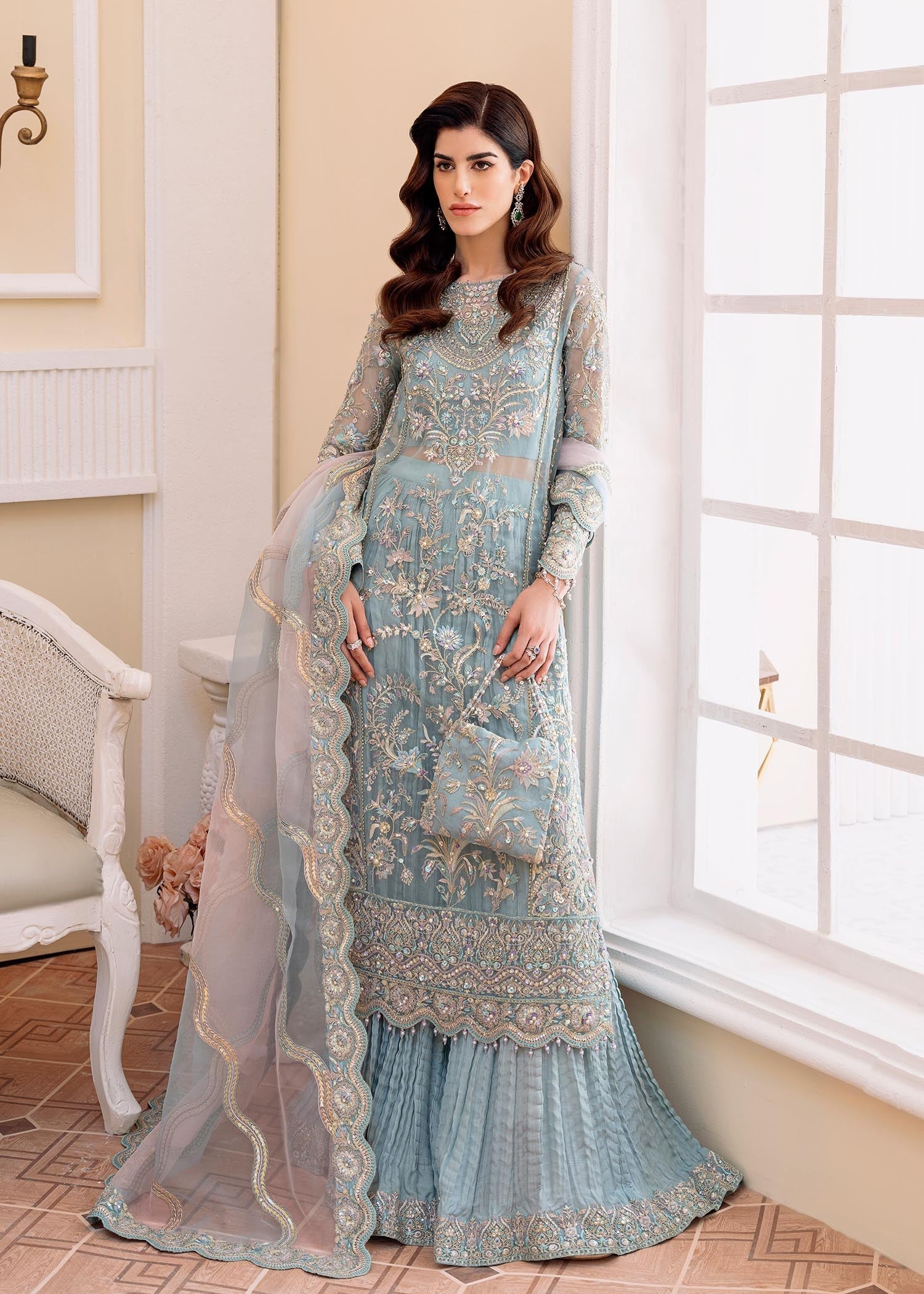 Rimel ice blue organza shirt front view - Kanwal Malik