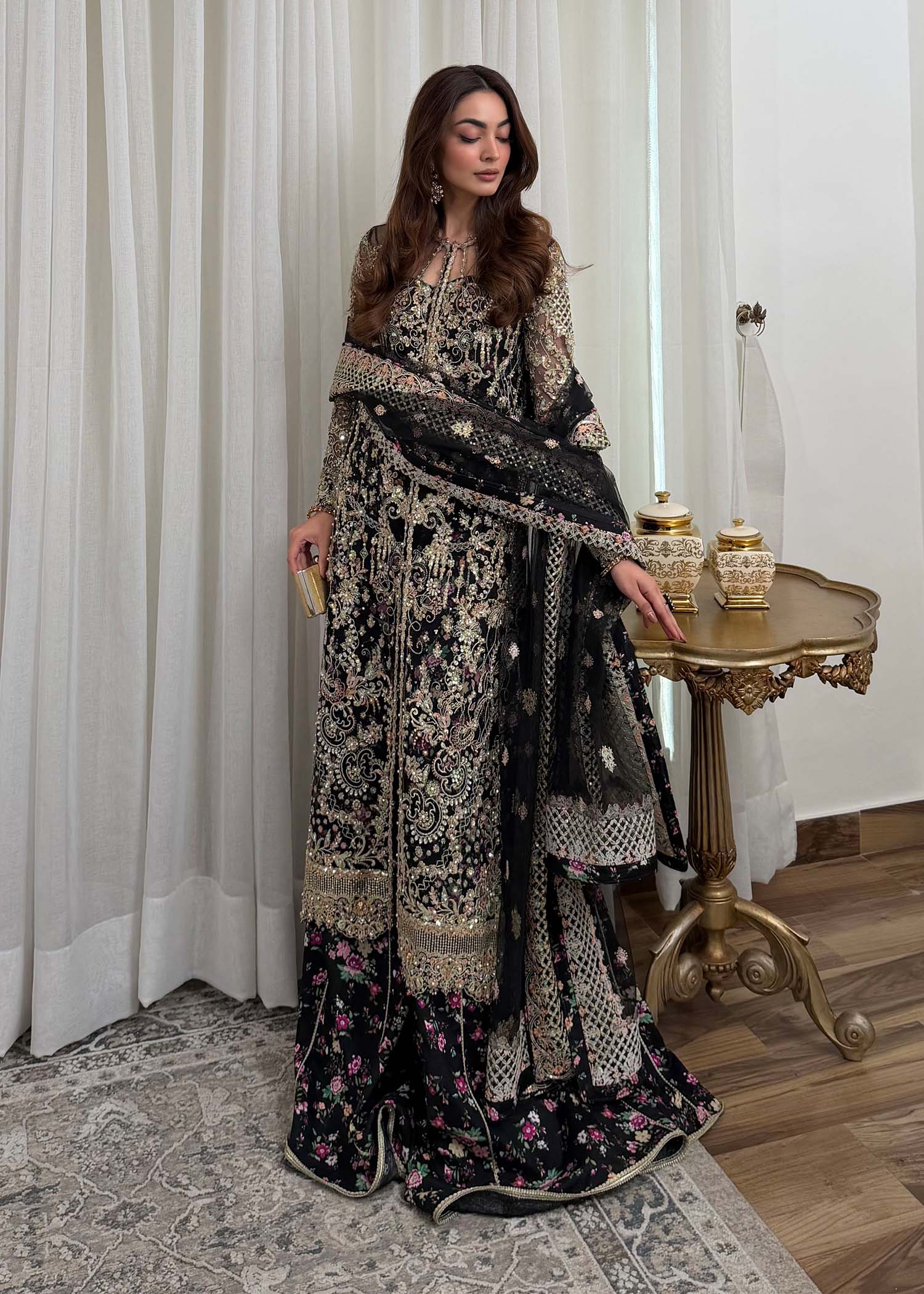Rina black pattern detail - Kanwal Malik luxury pret