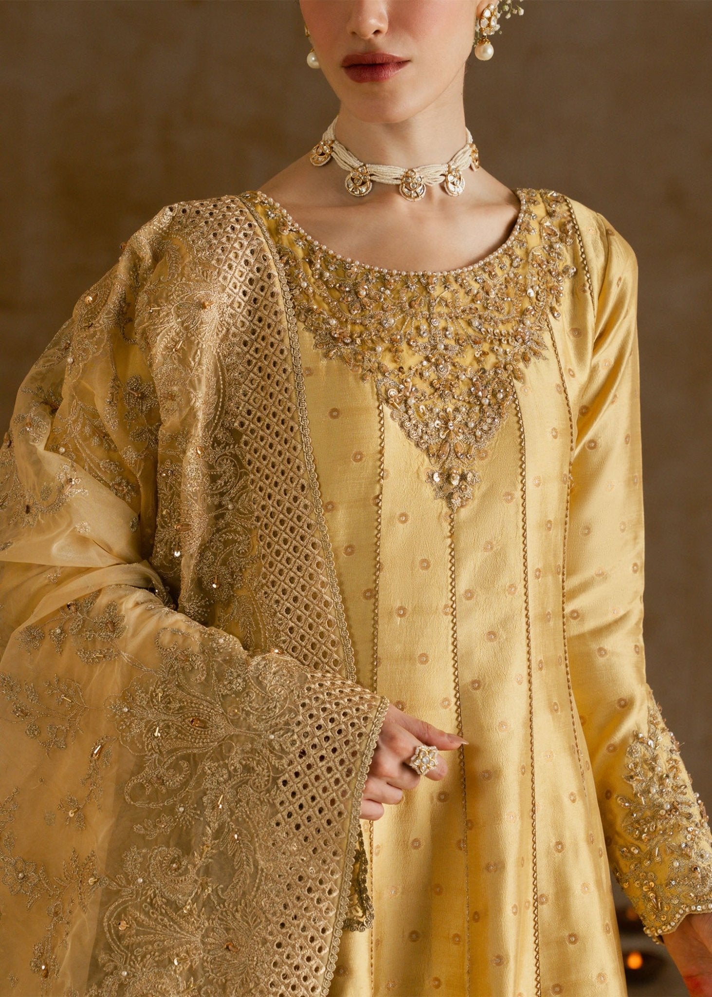 Roohi butter yellow embroidered neckline detail - Kanwal Malik Shehnai Luxury Pret'26