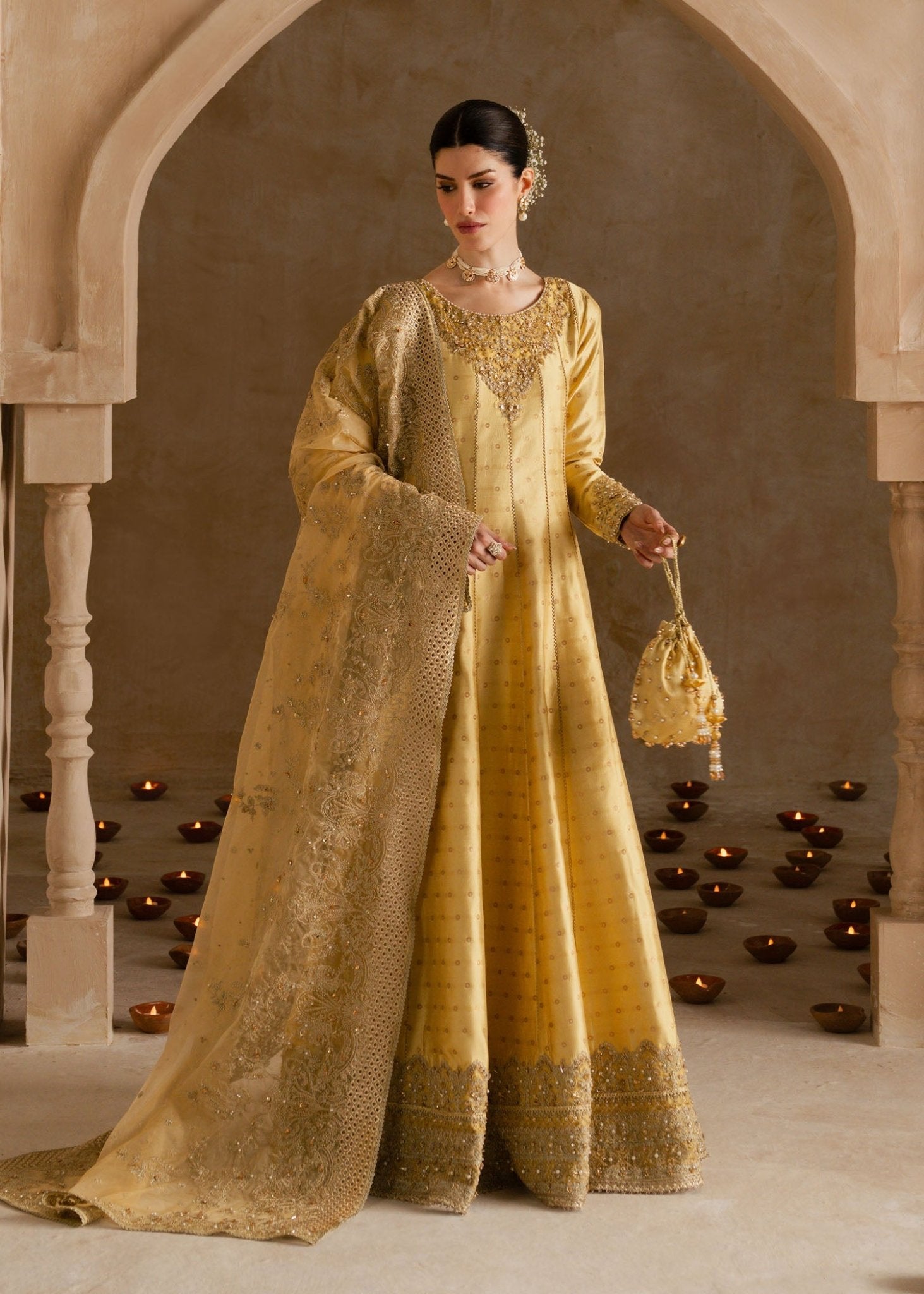 Roohi butter yellow tissue silk pishwas front view - Kanwal Malik Shehnai Luxury Pret'26
