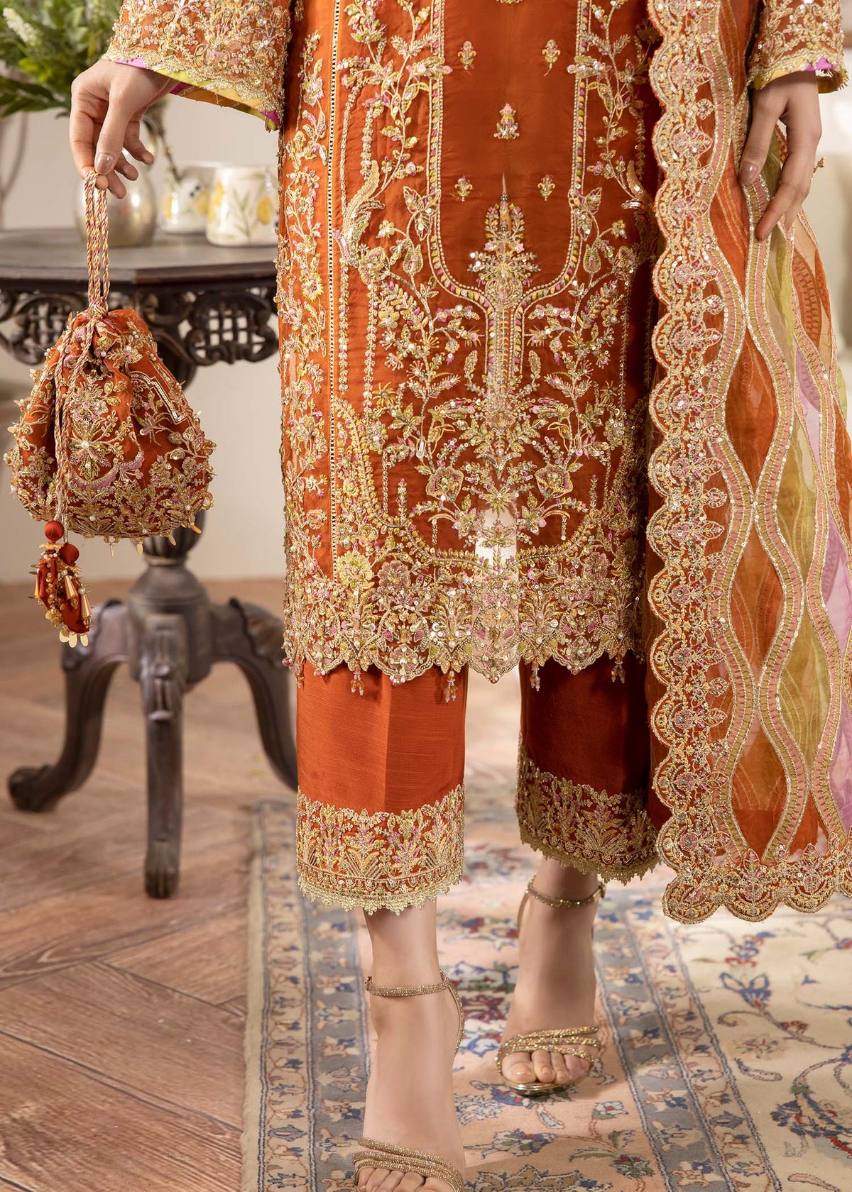 Roshail rust multi-laser dupatta detail - Kanwal Malik