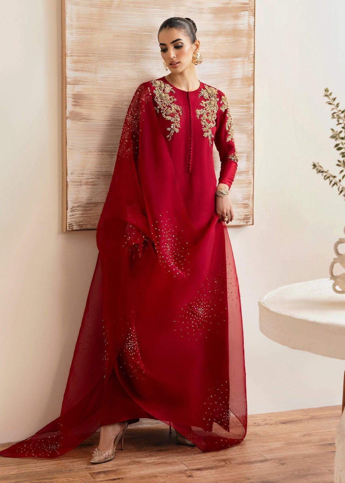 Rosina red dupatta detail - Kanwal Malik luxury pret