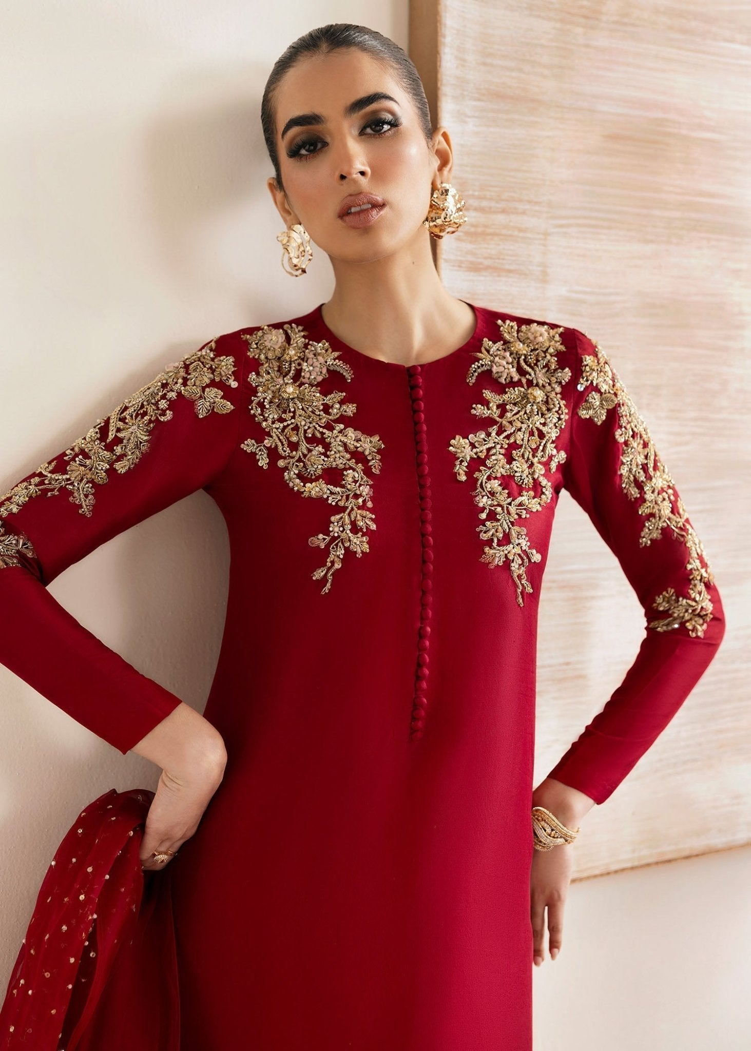 Rosina red hand-embellished neckline detail - Kanwal Malik luxury pret