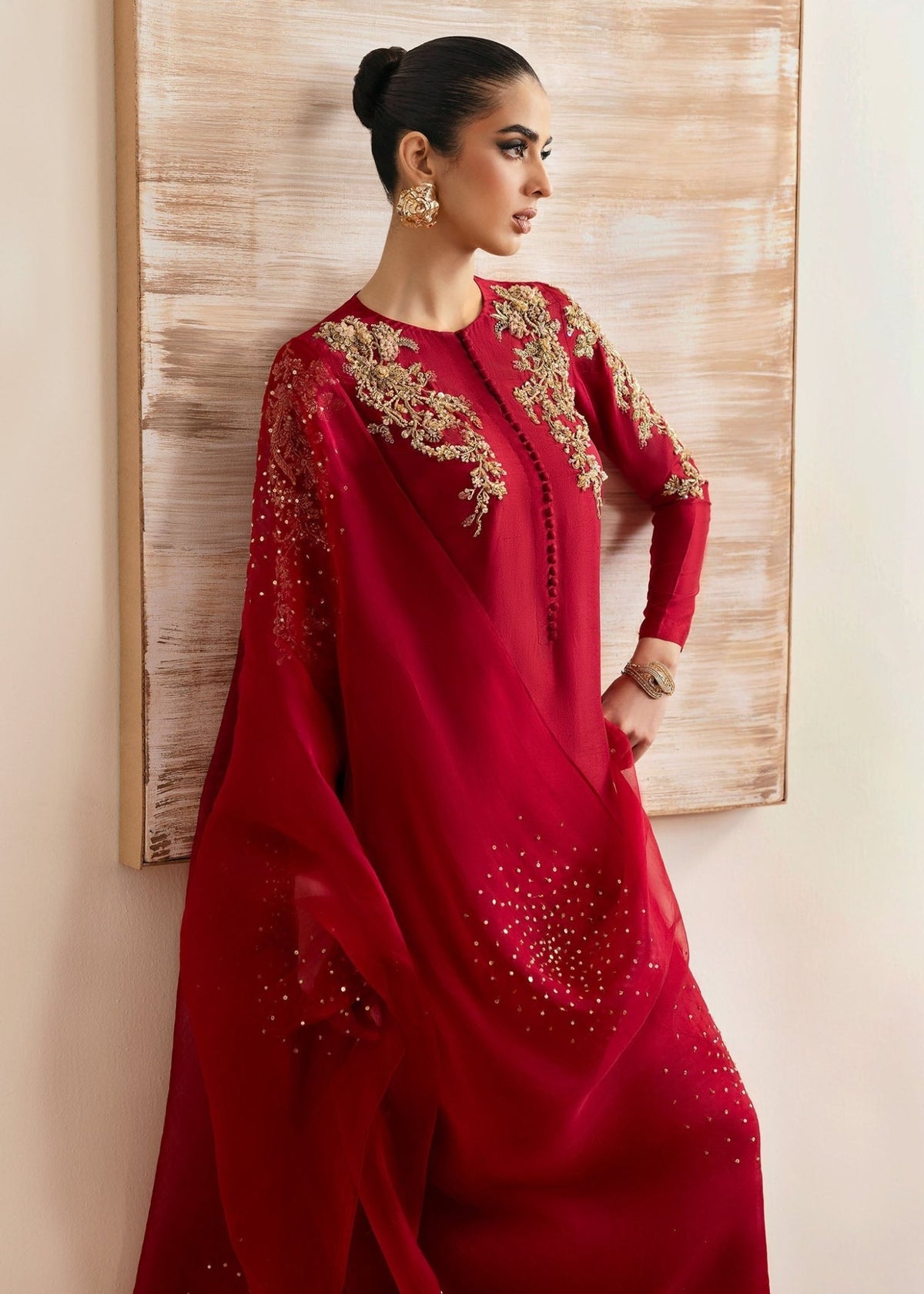 Rosina red cigarette pants detail - Kanwal Malik luxury pret
