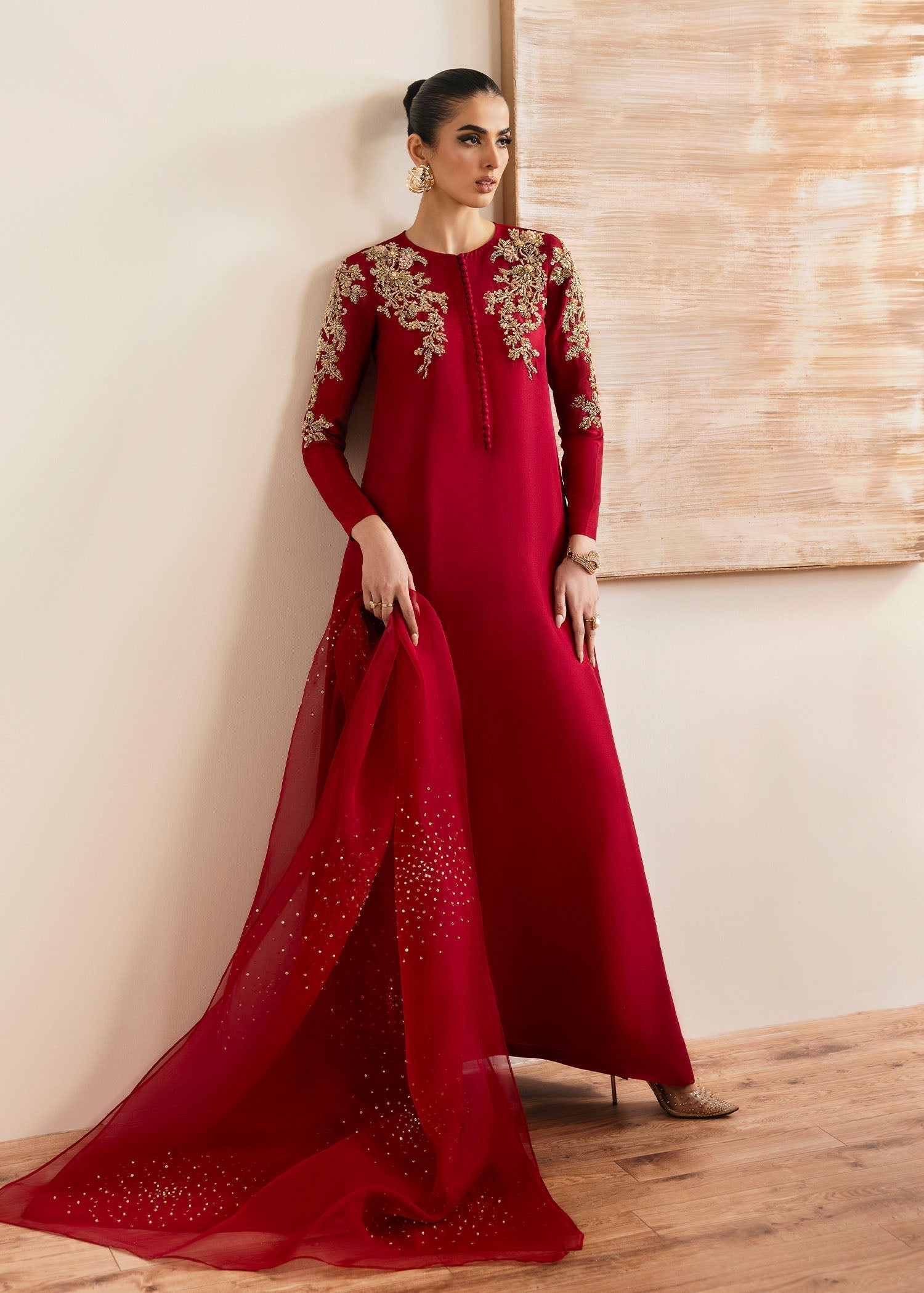 Rosina red silk shirt front view - Kanwal Malik luxury pret