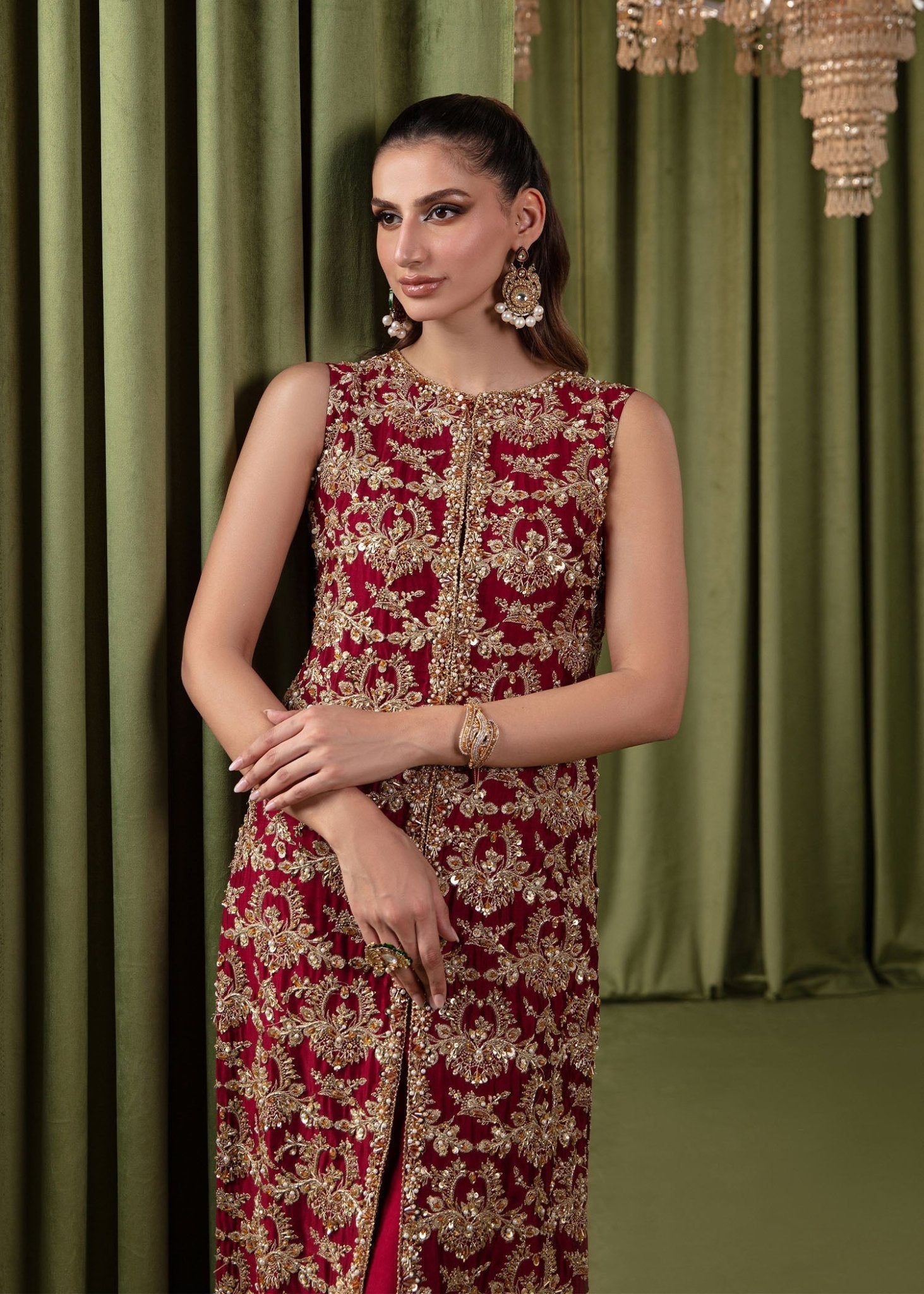 Ruby red hand-embellishment sequin detail - Kanwal Malik luxury pret