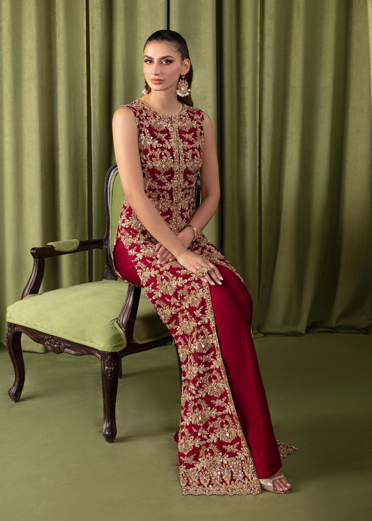 Ruby red full ensemble view - Kanwal Malik luxury pret