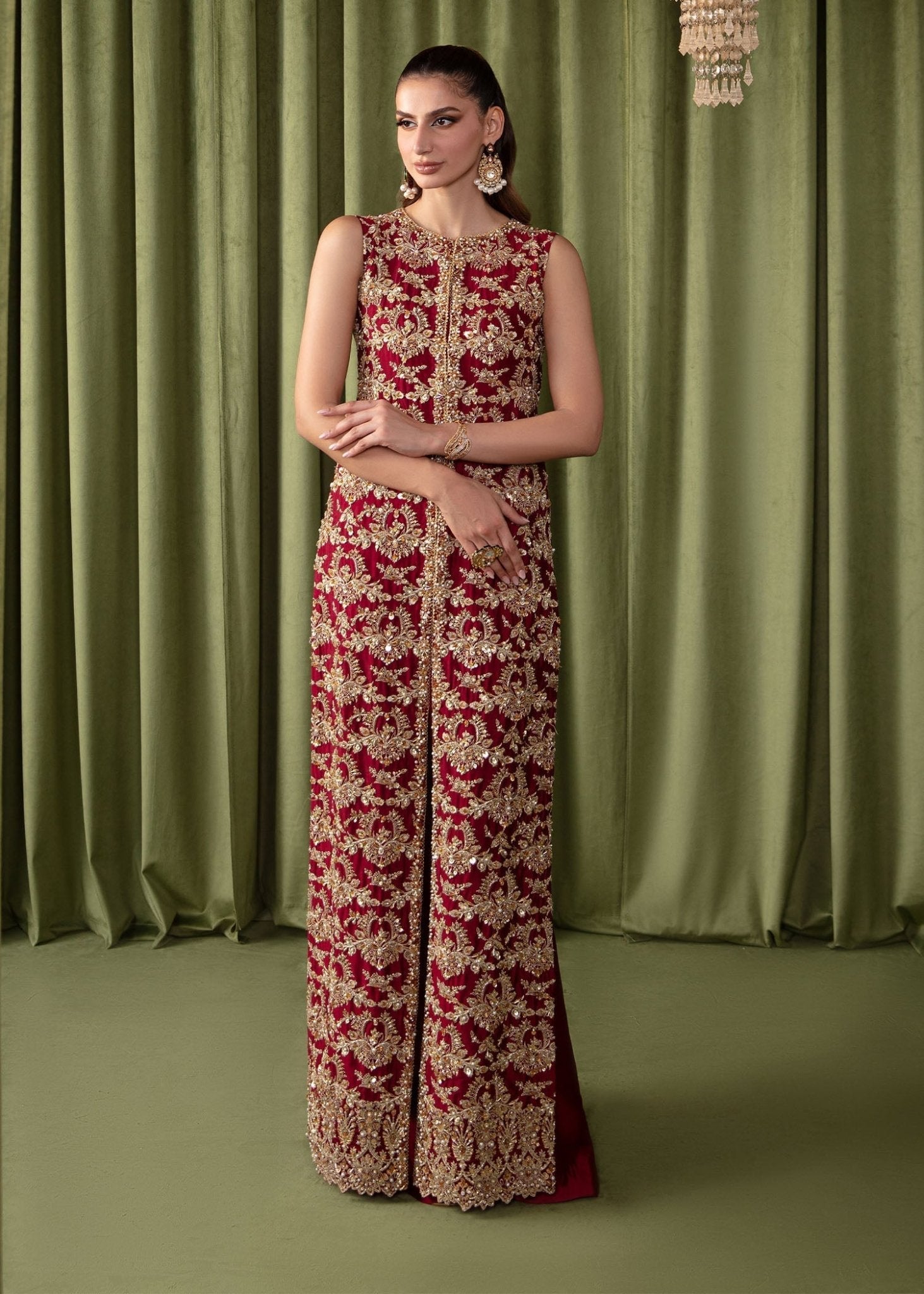 Ruby red tilla embroidered shirt front view - Kanwal Malik luxury pret