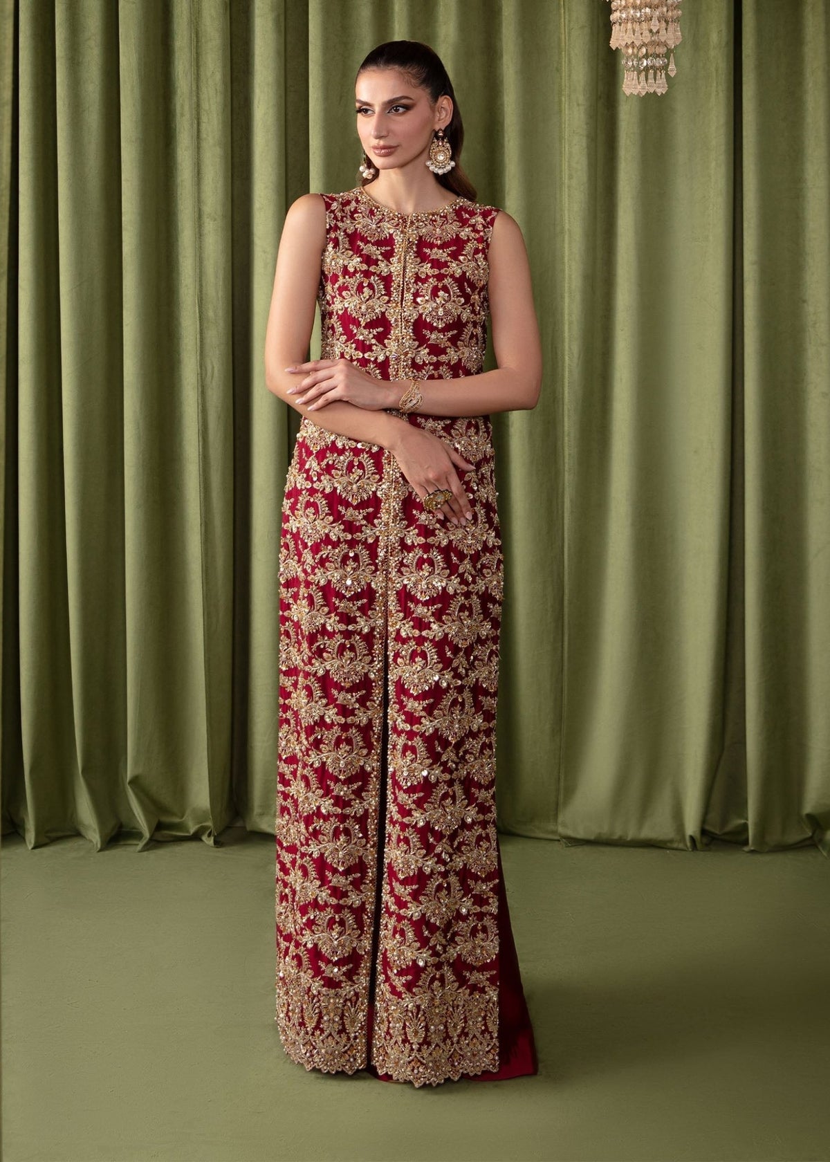 Ruby red tilla embroidered shirt front view - Kanwal Malik luxury pret