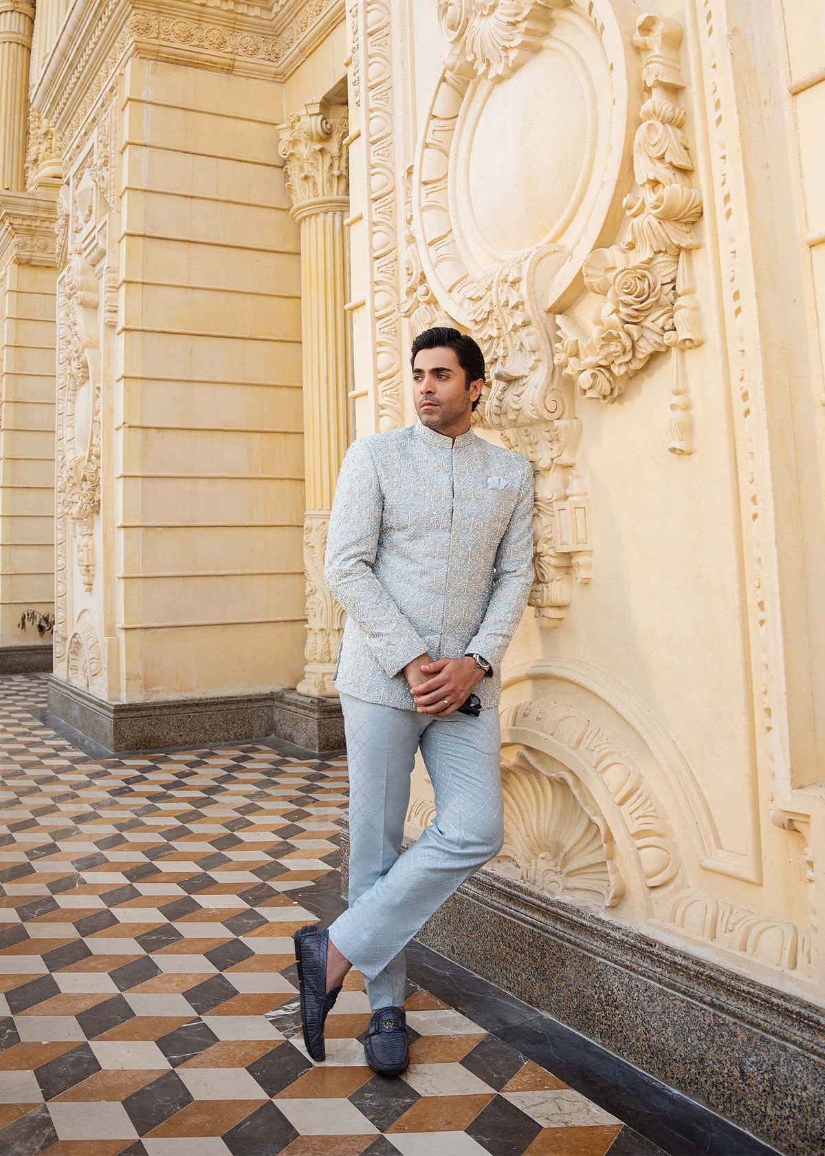 Saif powder blue back view - Kanwal Malik menswear