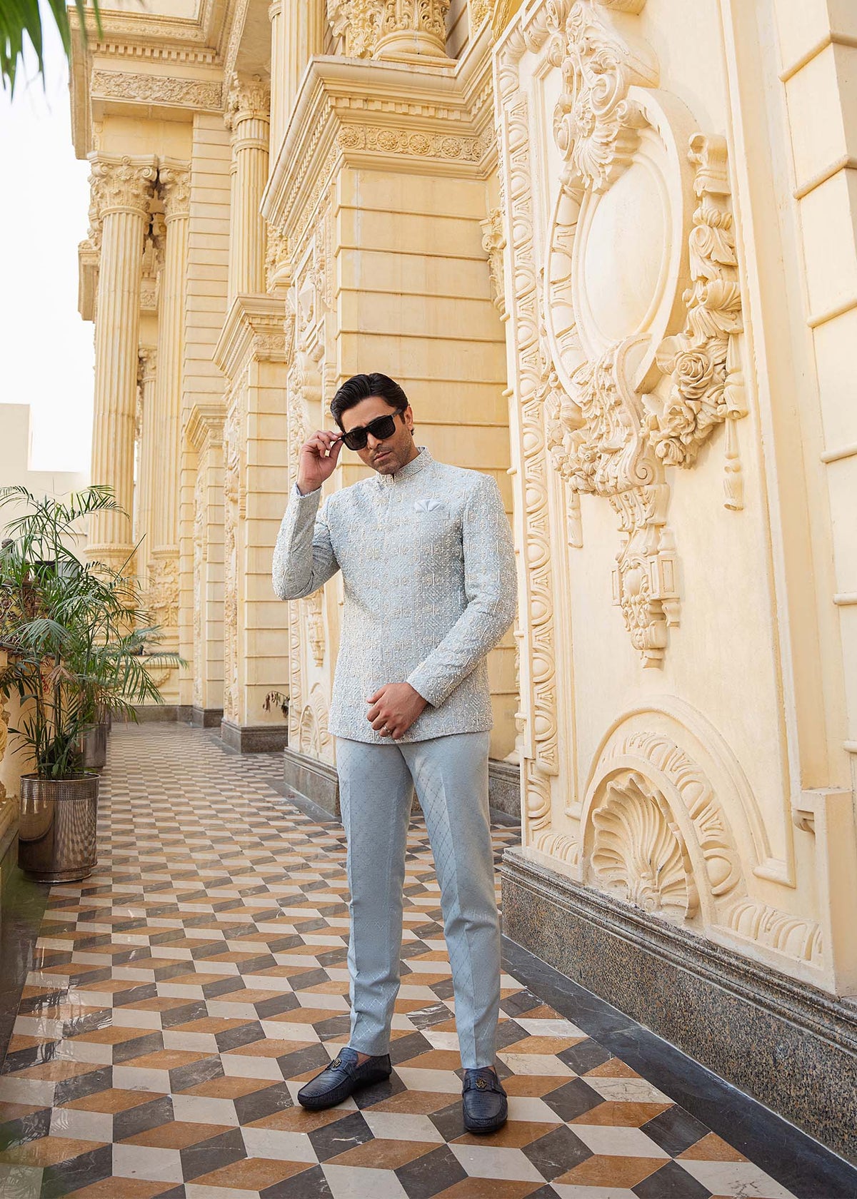 Saif powder blue styled look - Kanwal Malik menswear