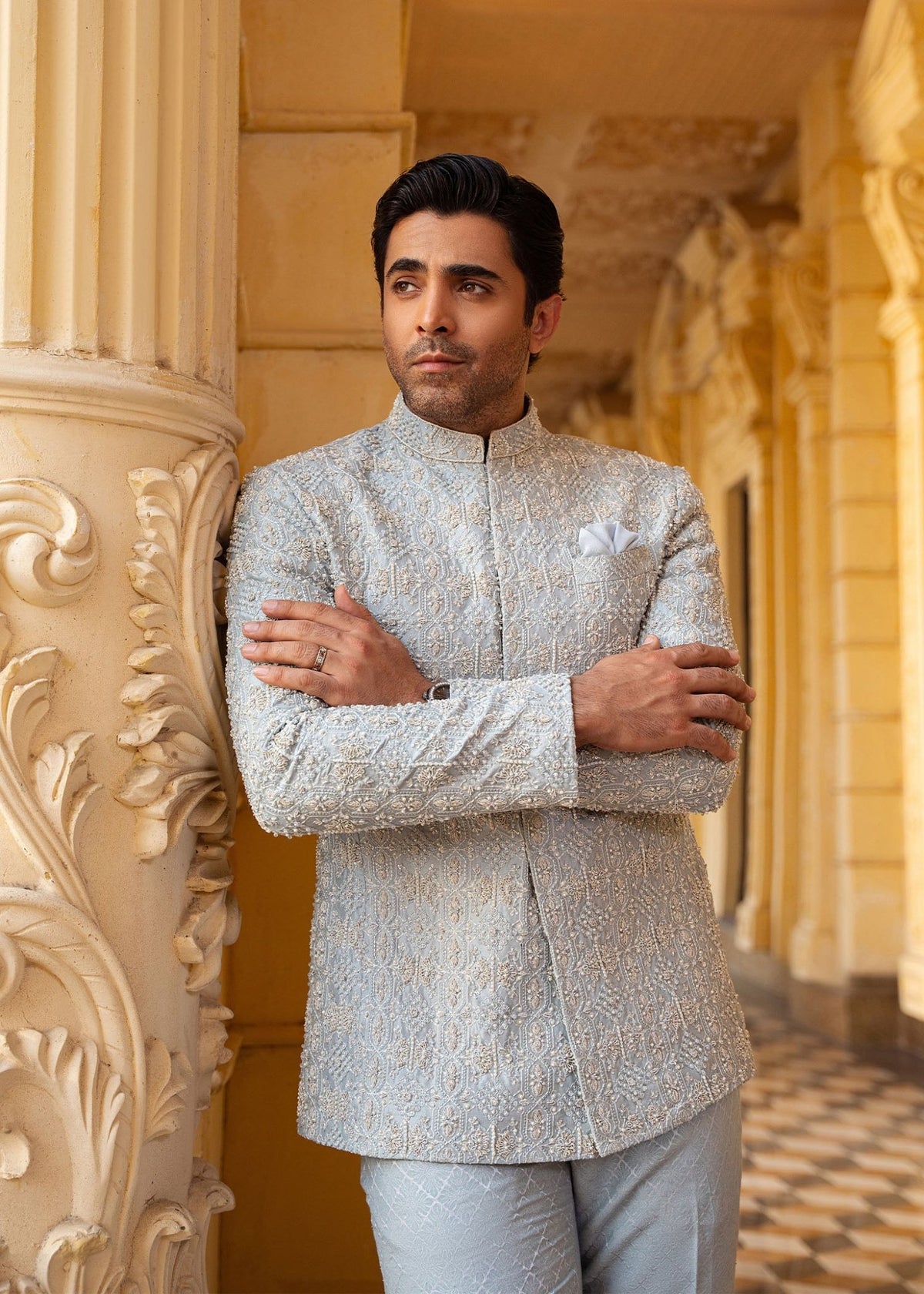 Saif powder blue karandi trouser detail - Kanwal Malik menswear