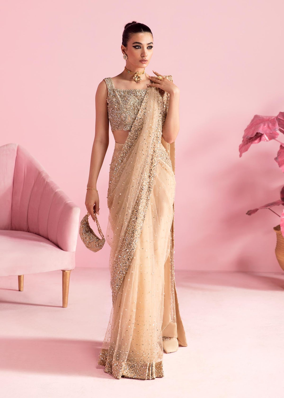 Sakura nude net saree front view - Kanwal Malik luxury pret