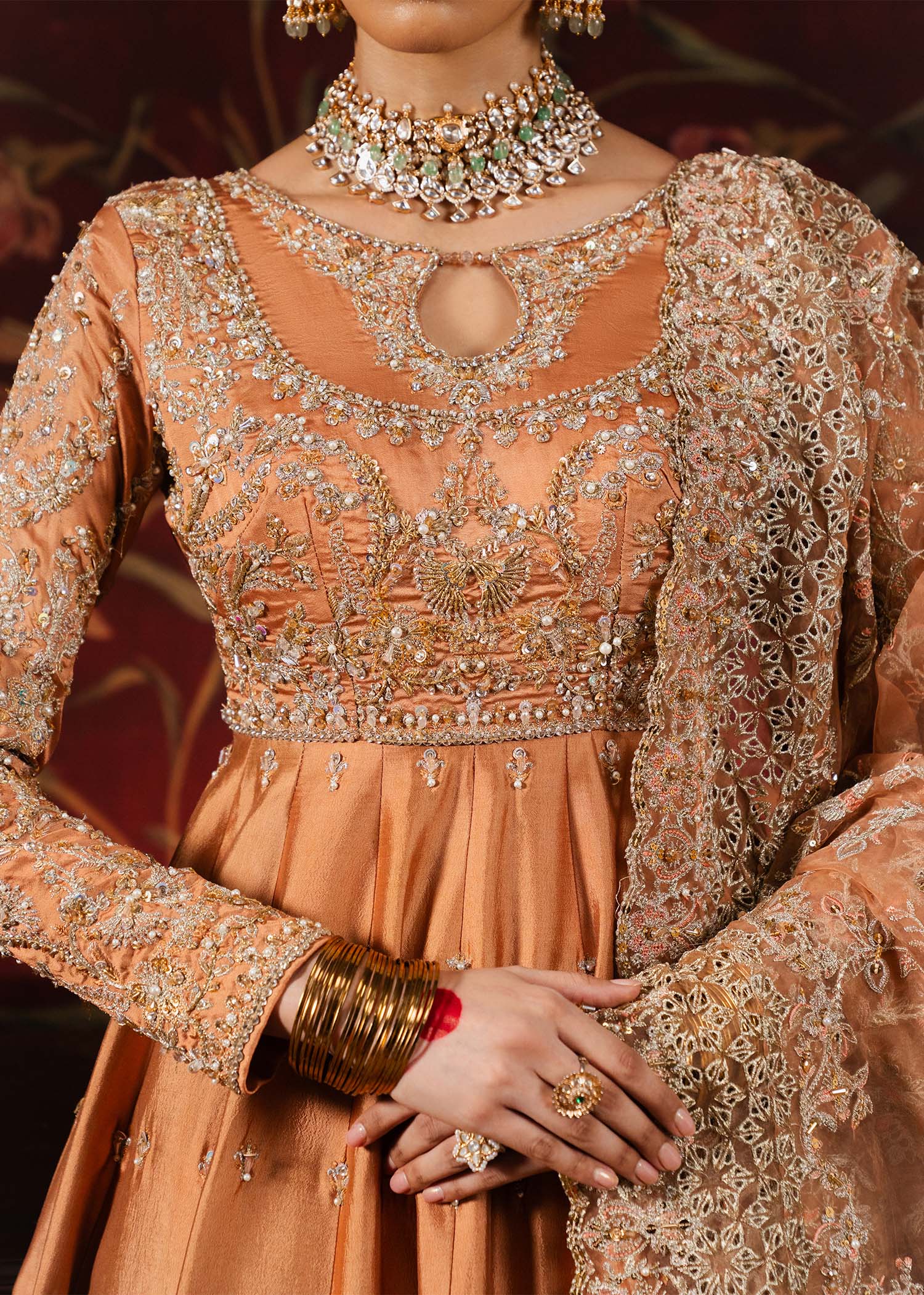 Samira peach pashwas embroidered bodice detail - Kanwal Malik luxury pret