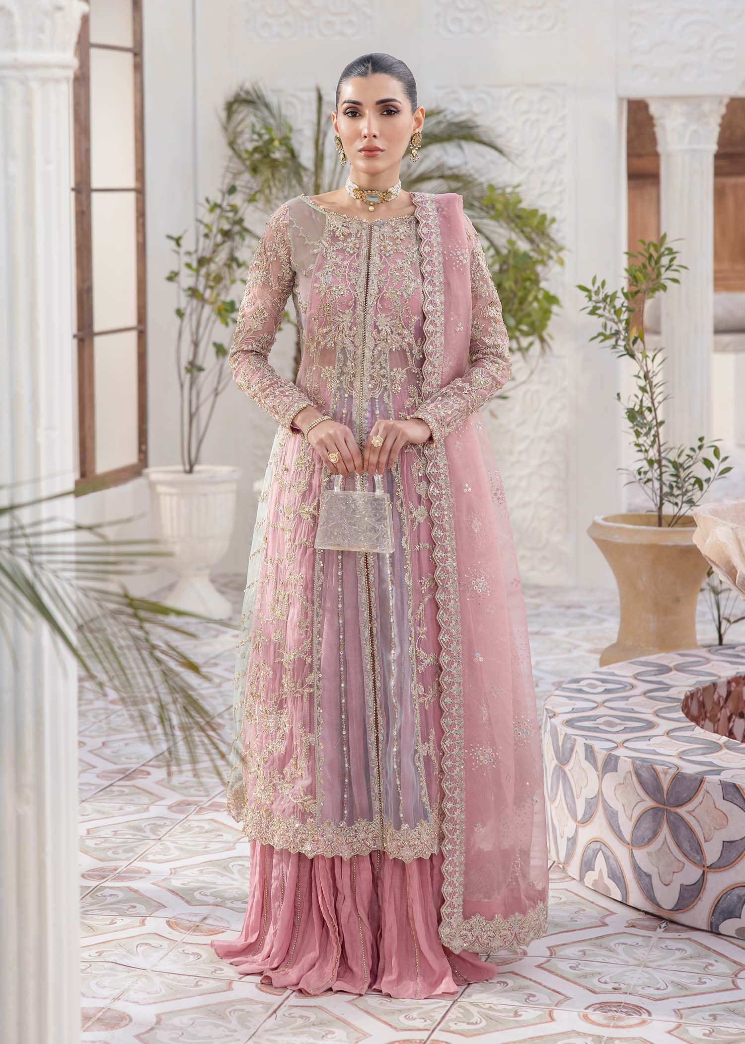 Sanya pink embroidered pishwas front view - Kanwal Malik