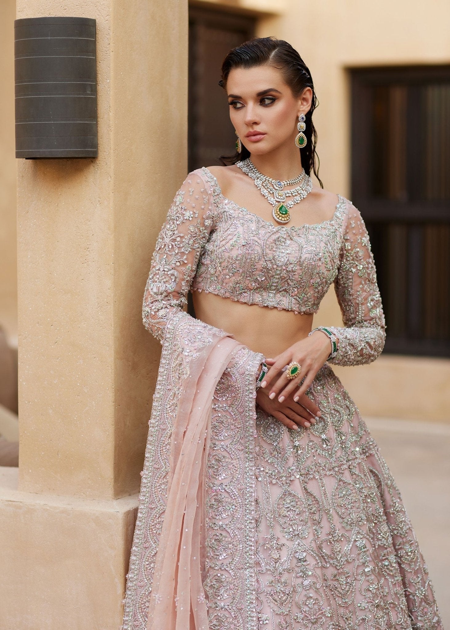 Sasha pink silver threadwork floral embroidery detail - Kanwal Malik bridal couture