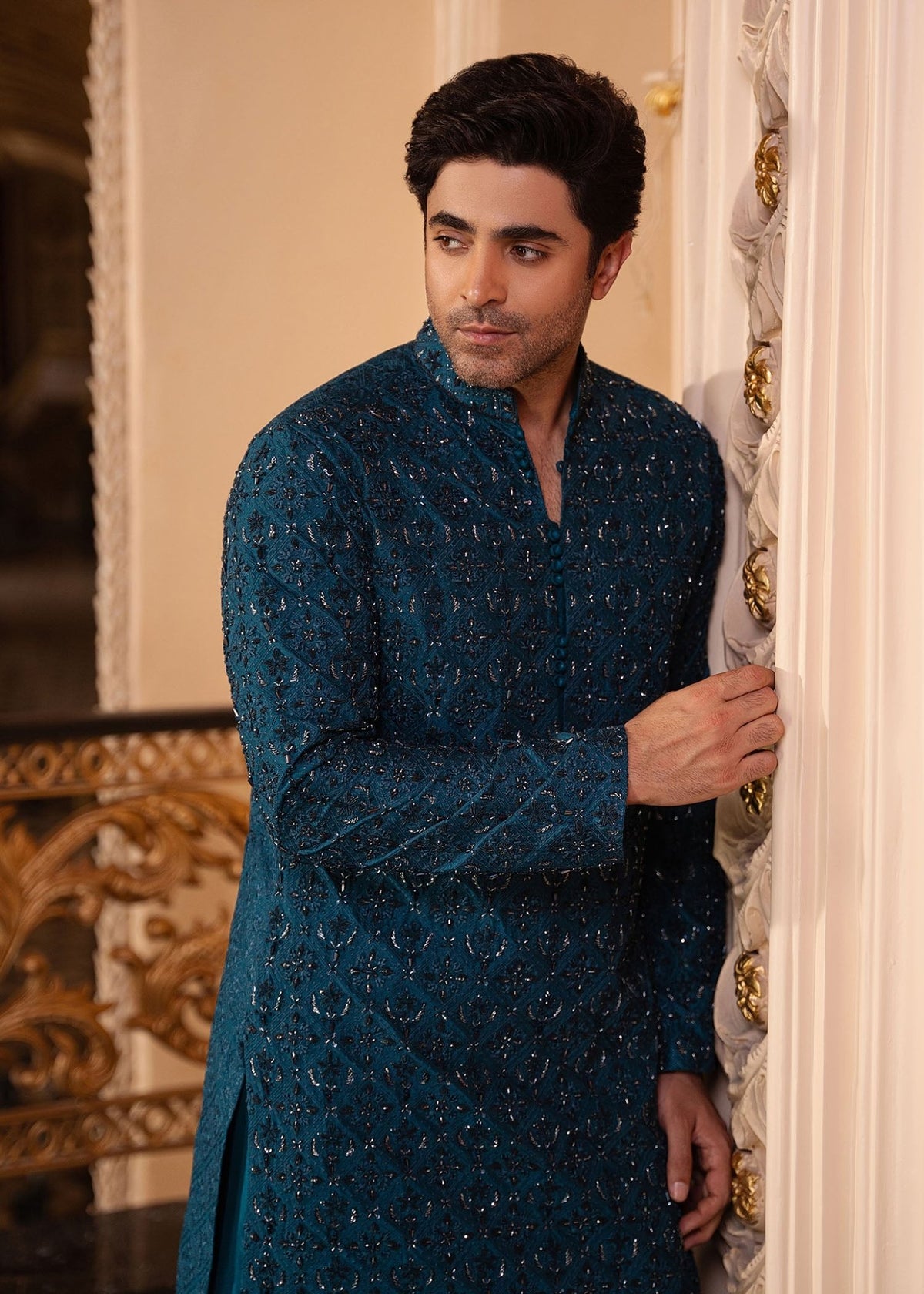 Shahan teal back view - Kanwal Malik menswear