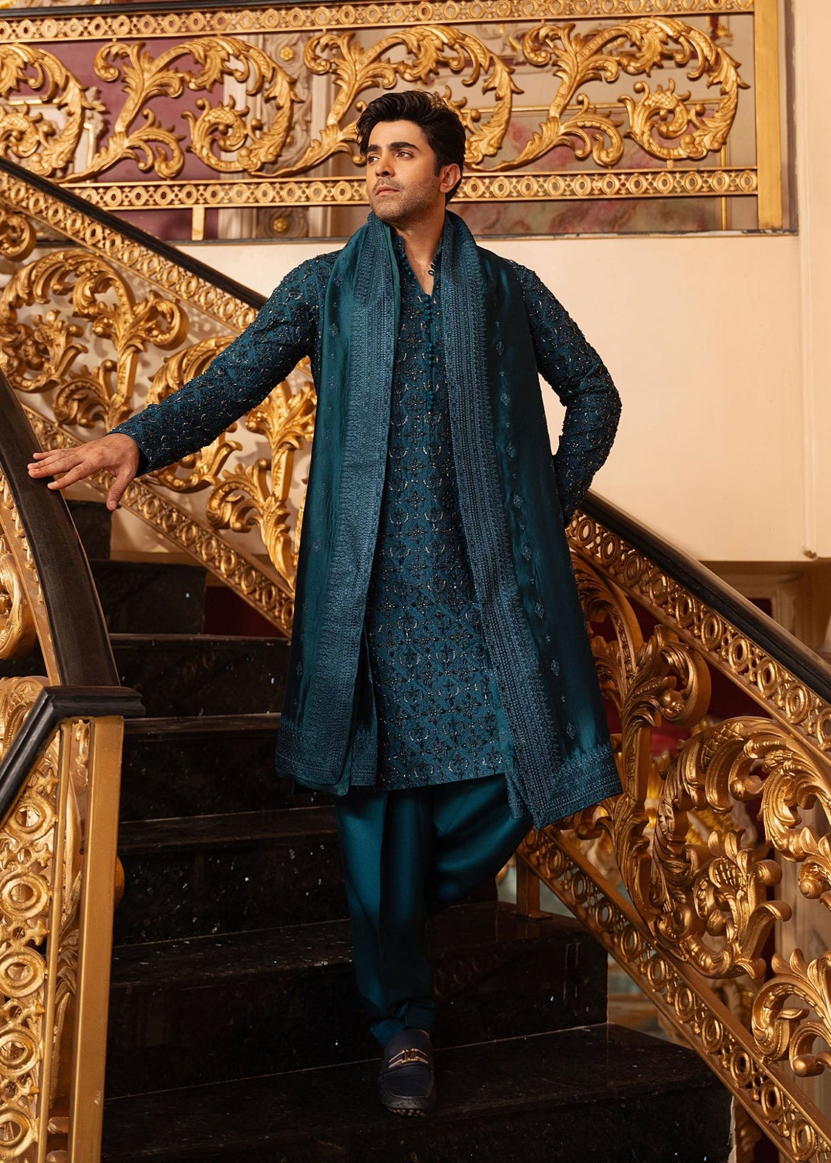 Shahan teal embroidery embellishment detail - Kanwal Malik menswear