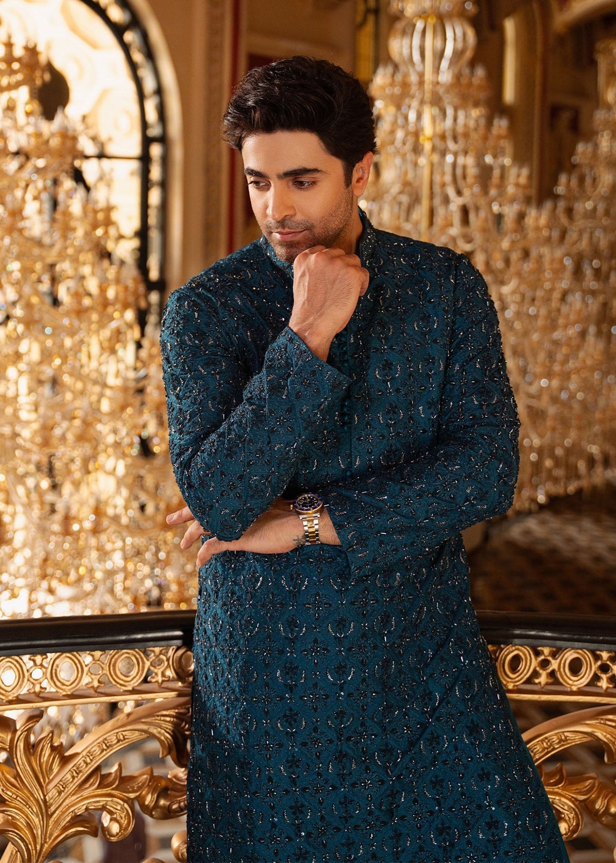 Shahan teal full ensemble view - Kanwal Malik menswear