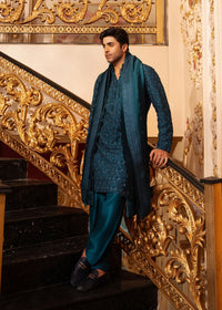 Shahan teal raw silk kurta shalwar front view - Kanwal Malik menswear