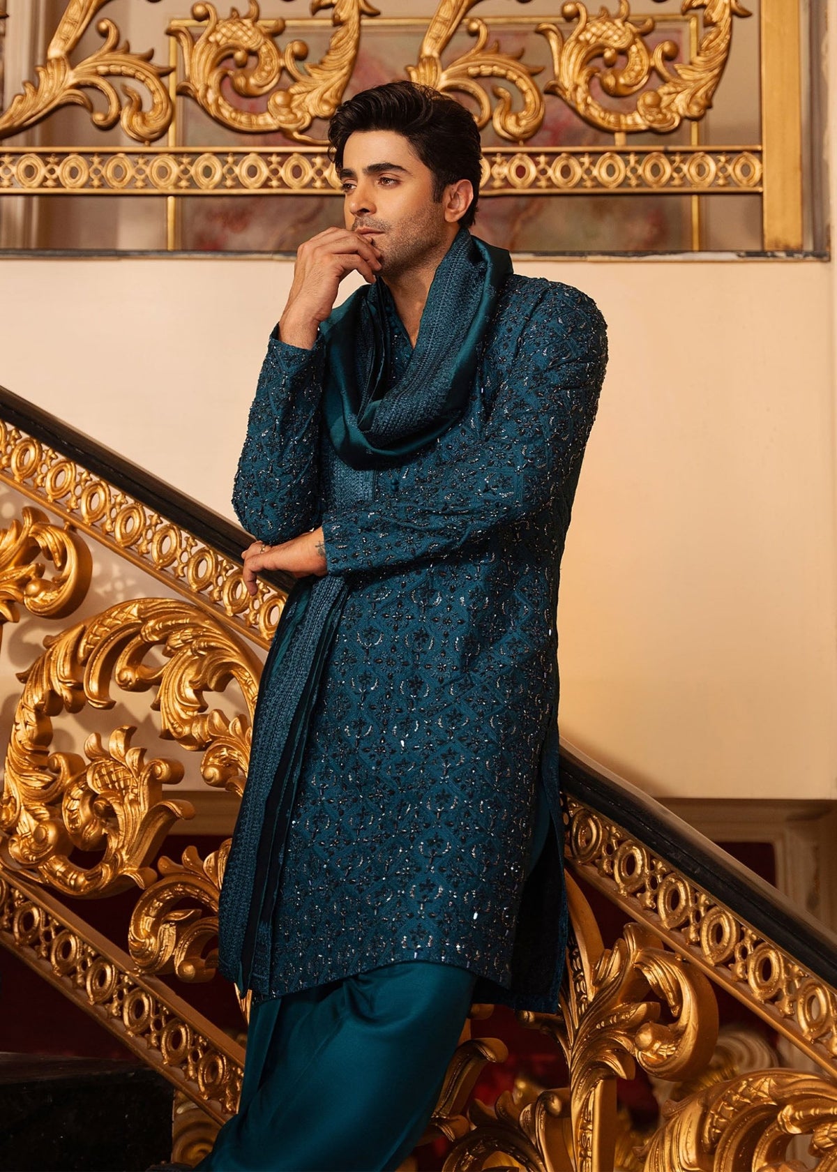 Shahan teal shawl detail - Kanwal Malik menswear