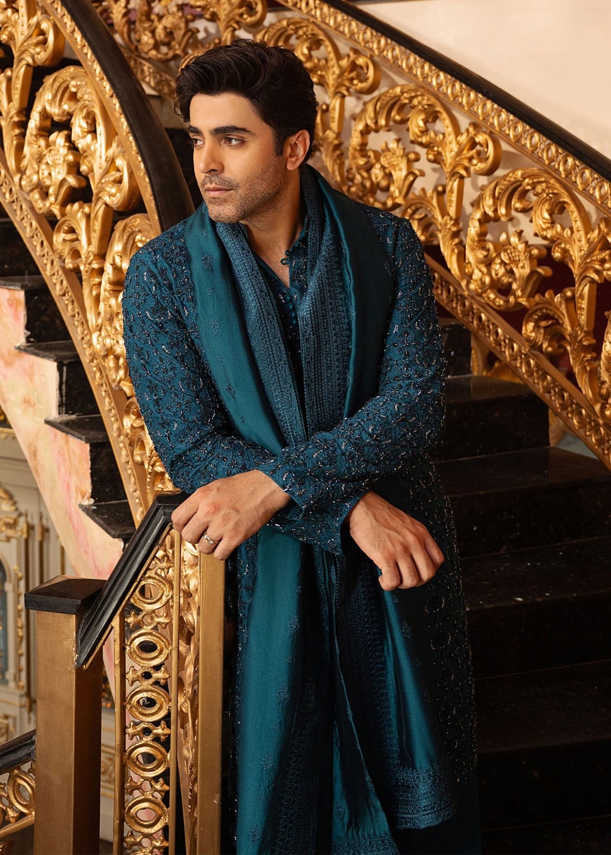 Shahan teal styled look - Kanwal Malik menswear
