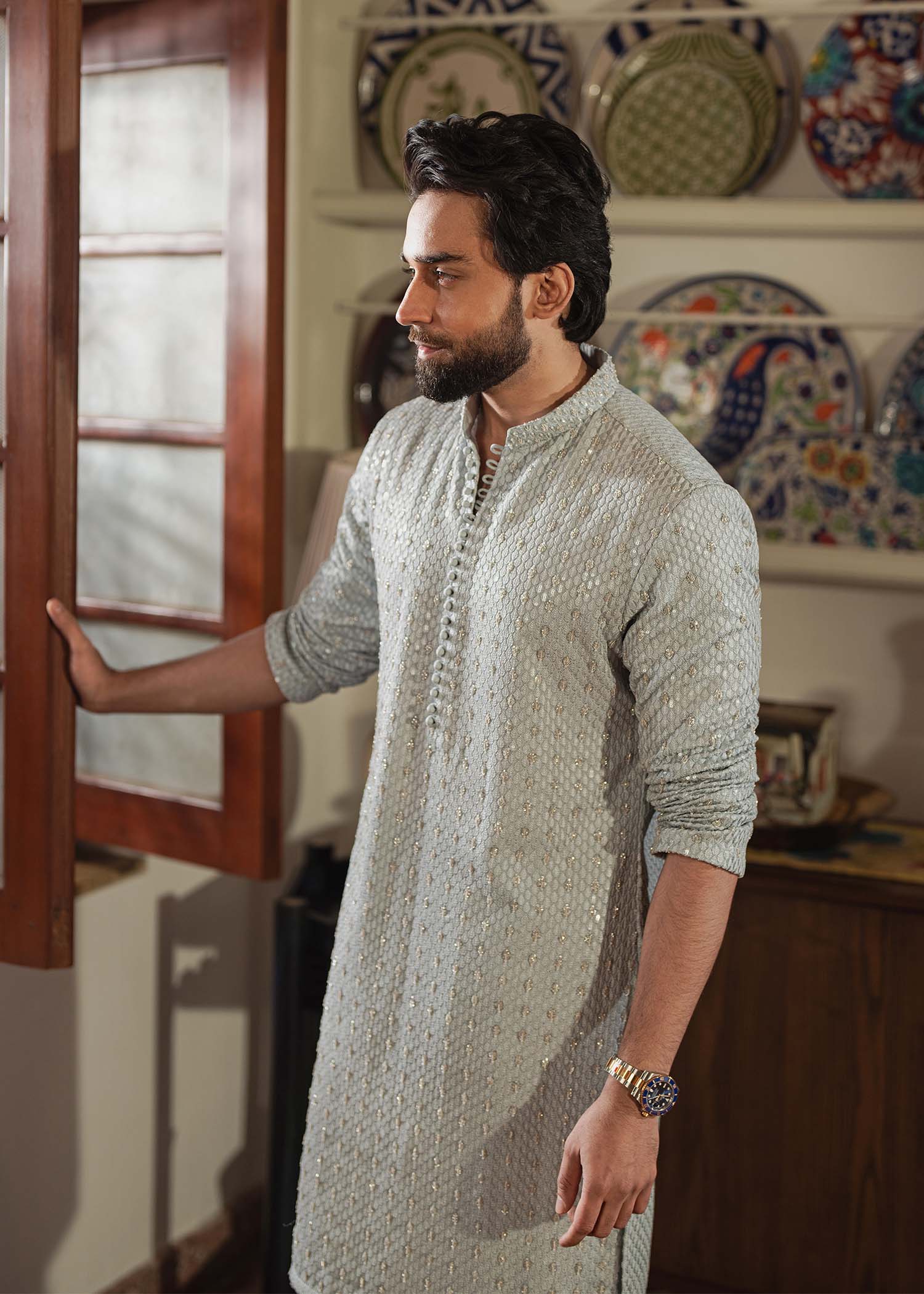 Shahmeer serene blue sequin embellishment detail - Kanwal Malik menswear