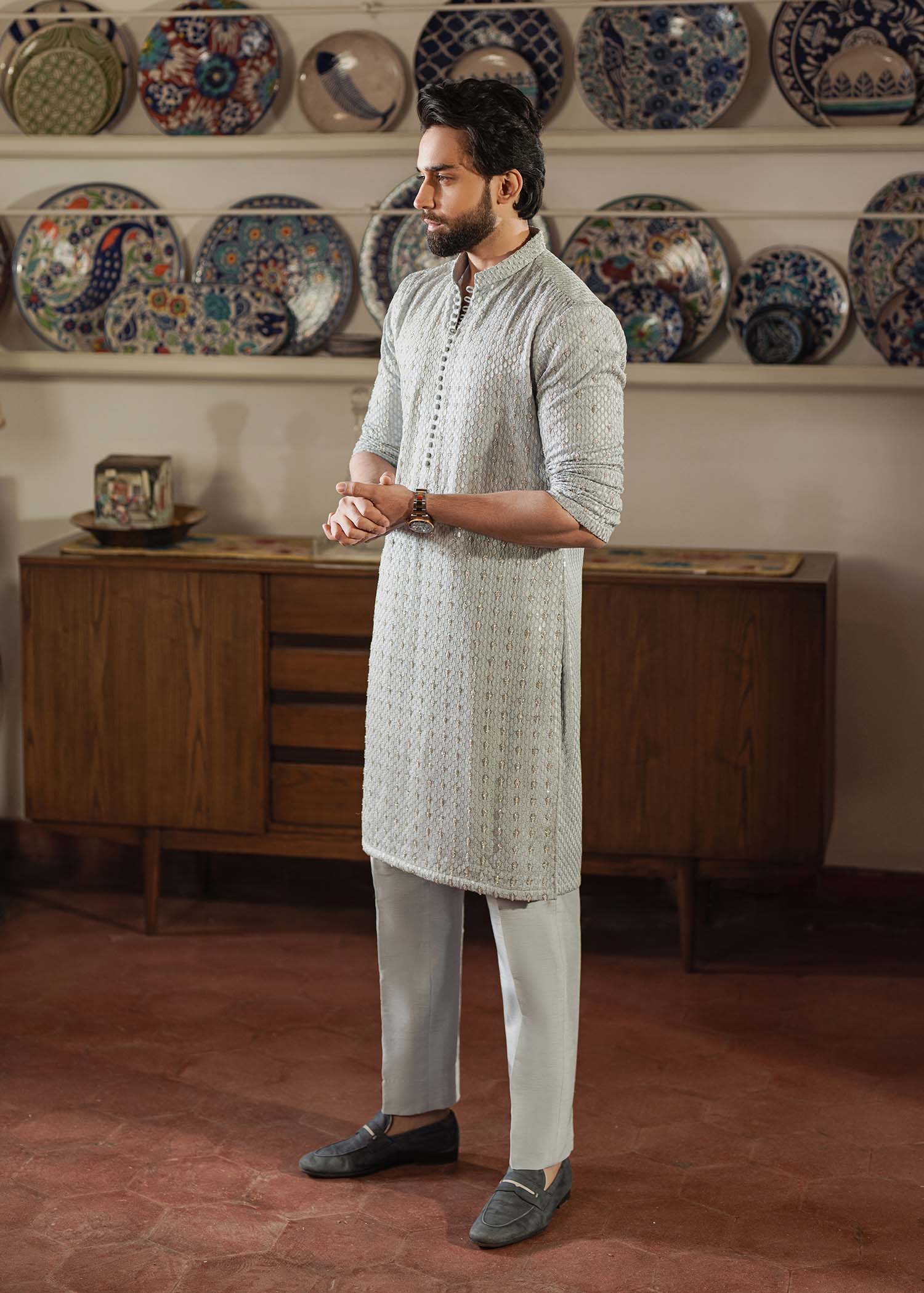 Shahmeer serene blue kurta front view - Kanwal Malik menswear