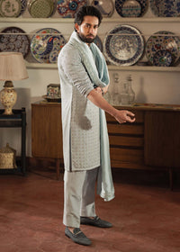 Shahmeer serene blue shawl detail - Kanwal Malik menswear