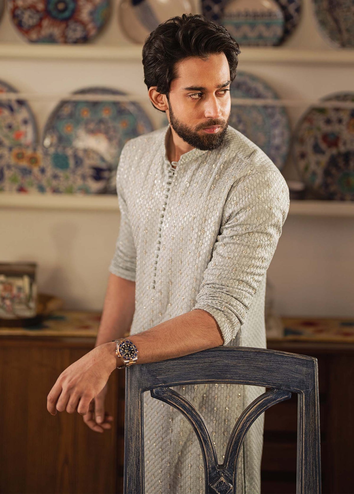 Shahmeer serene blue styled look - Kanwal Malik menswear
