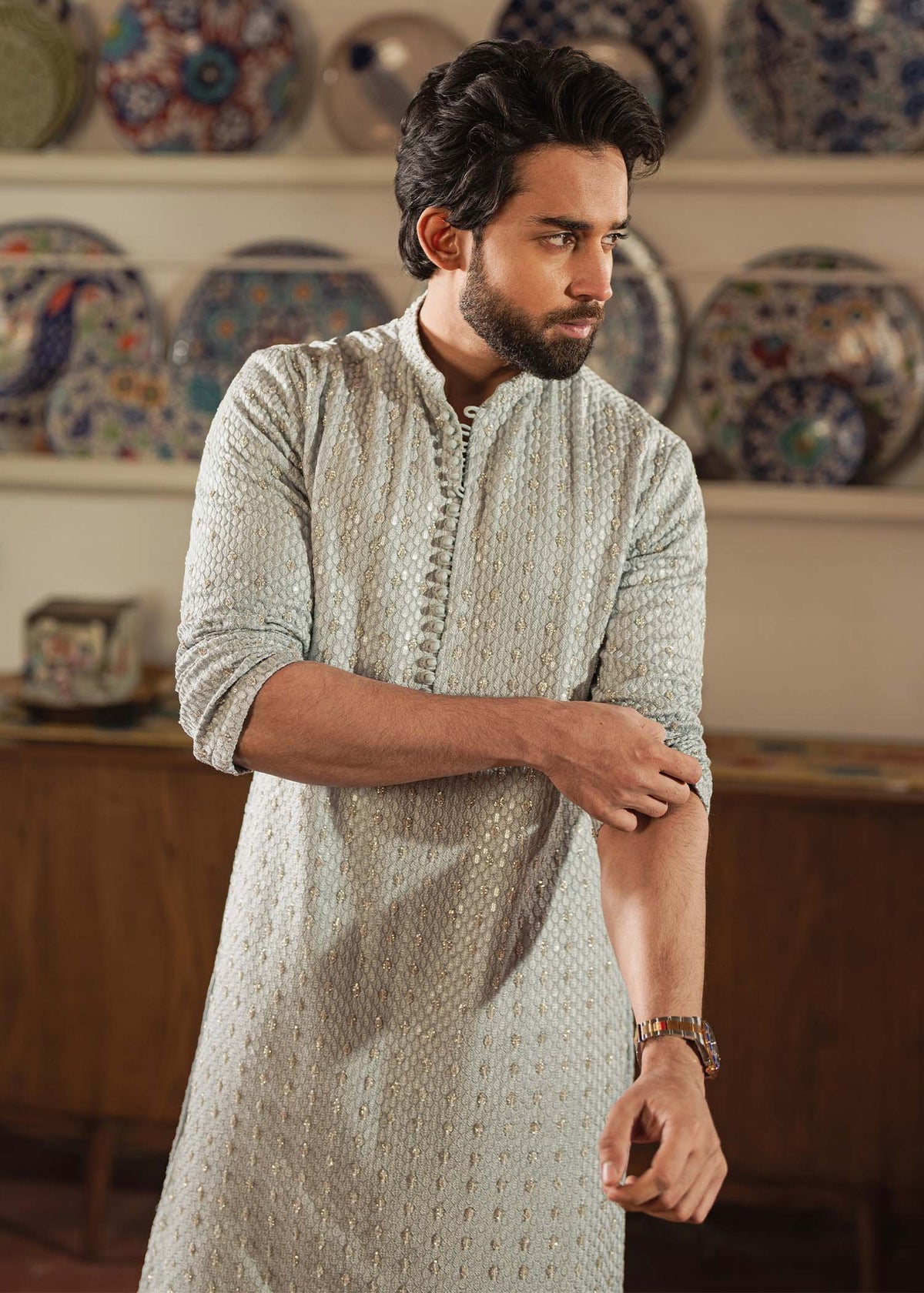 Shahmeer serene blue trouser detail - Kanwal Malik menswear