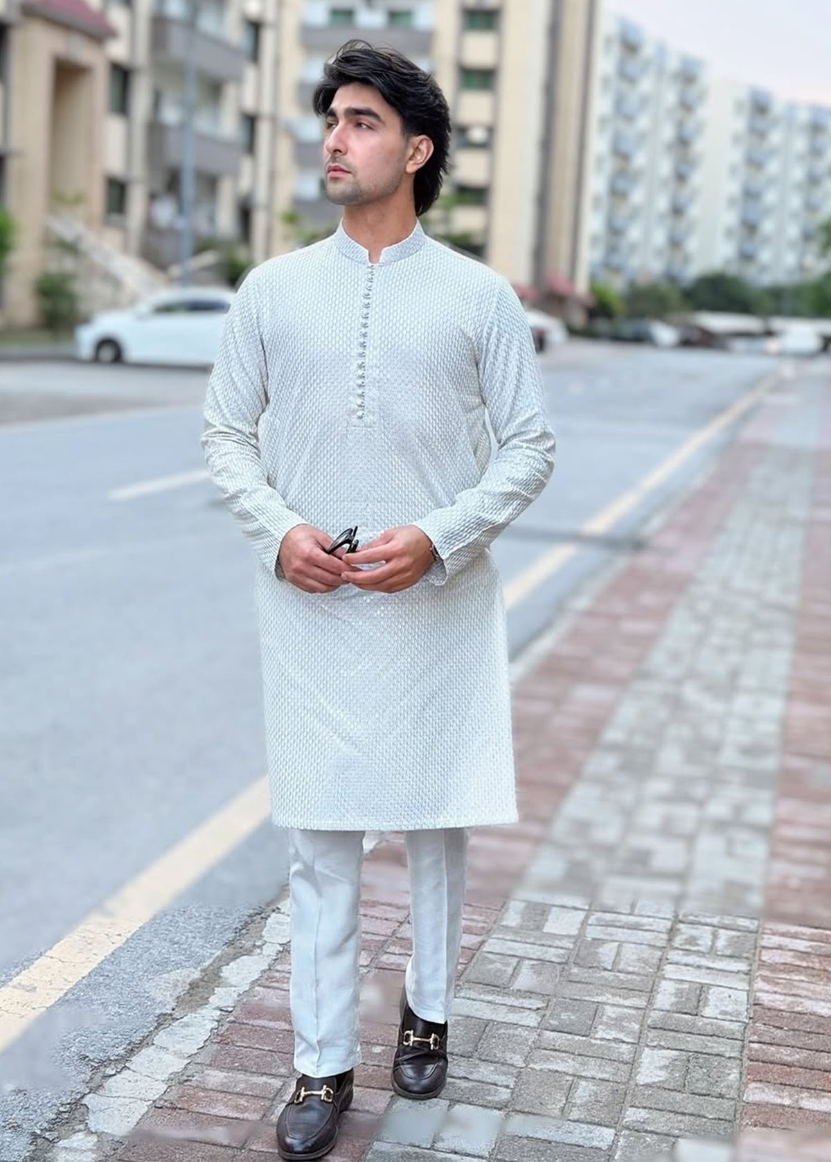 Shahmeer Khakan Shahnawaz serene blue kurta front view - Kanwal Malik menswear celebrity spotting