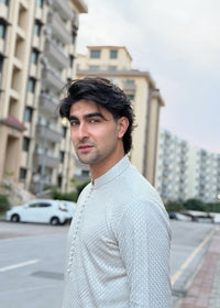 Shahmeer Khakan Shahnawaz serene blue styled look - Kanwal Malik menswear celebrity spotting