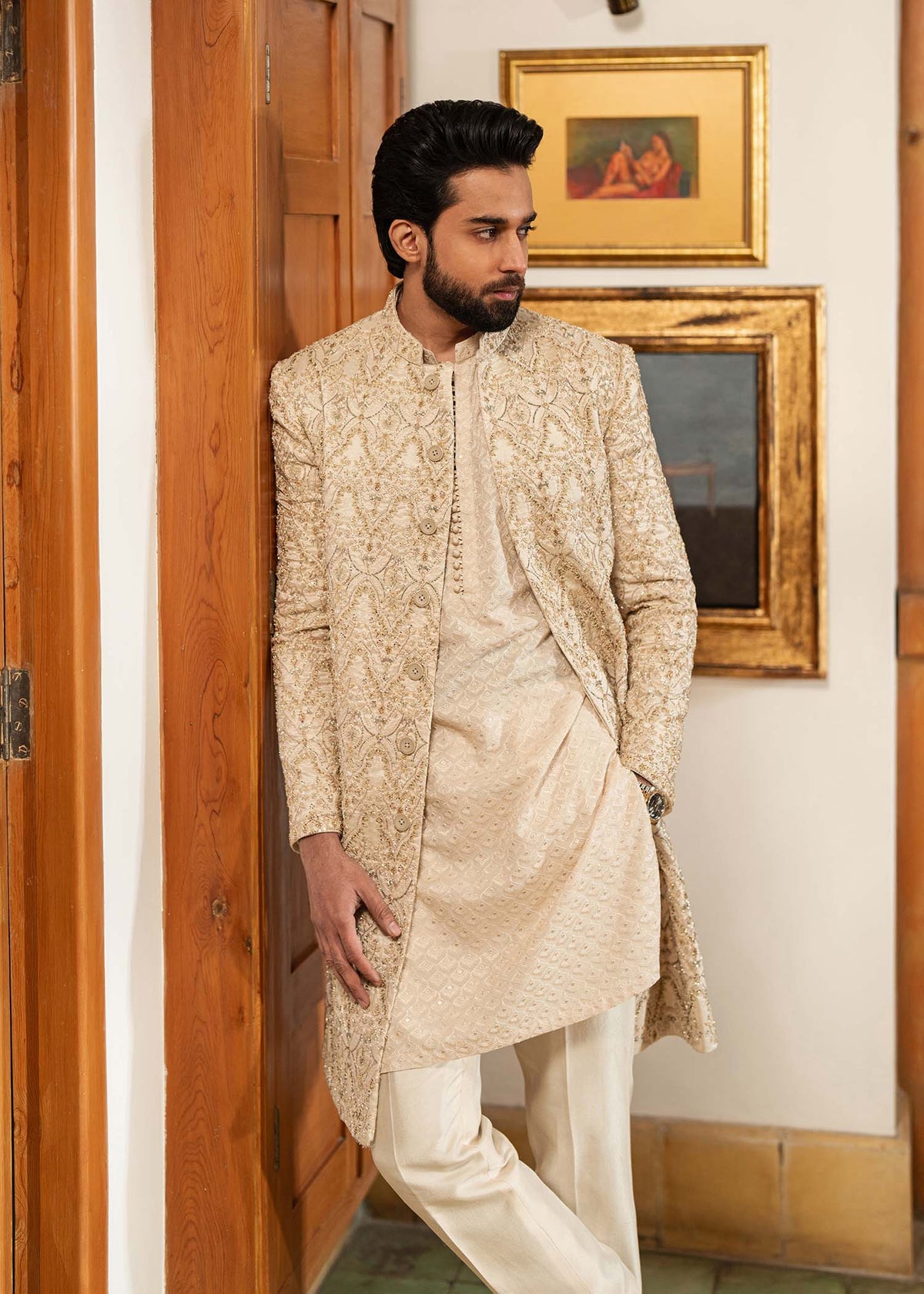 Shams off white embroidery embellishment detail - Kanwal Malik menswear