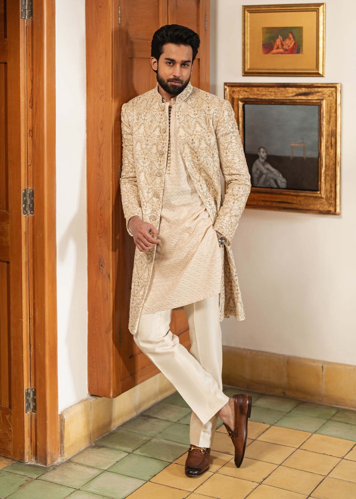Shams off white kurta detail - Kanwal Malik menswear
