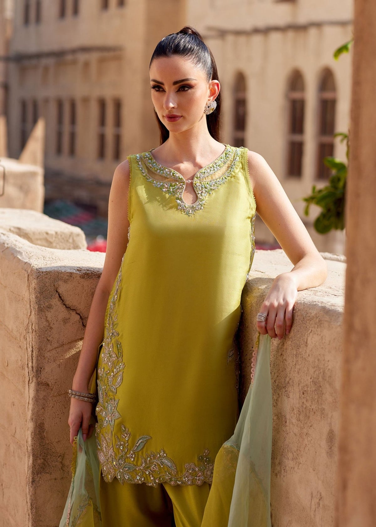 Sia parrot green appliqué hemline detail - Kanwal Malik