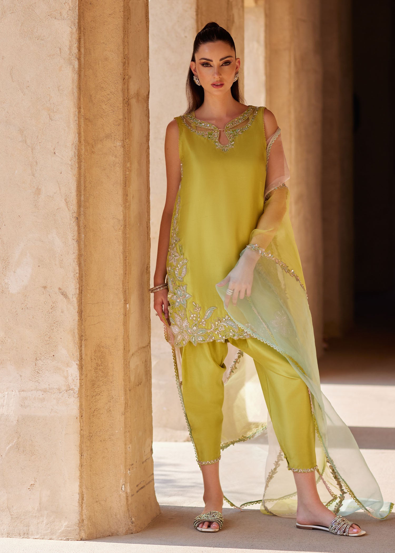 Sia parrot green raw silk shirt front view - Kanwal Malik